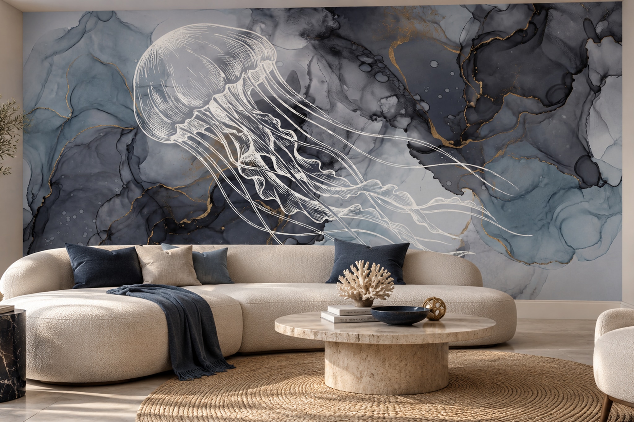 White Jellyfish On Charcoal Ink Wallpaper Mural — Installed Wallpaper Mural In A Bedroom, Peel-and-stick Finish