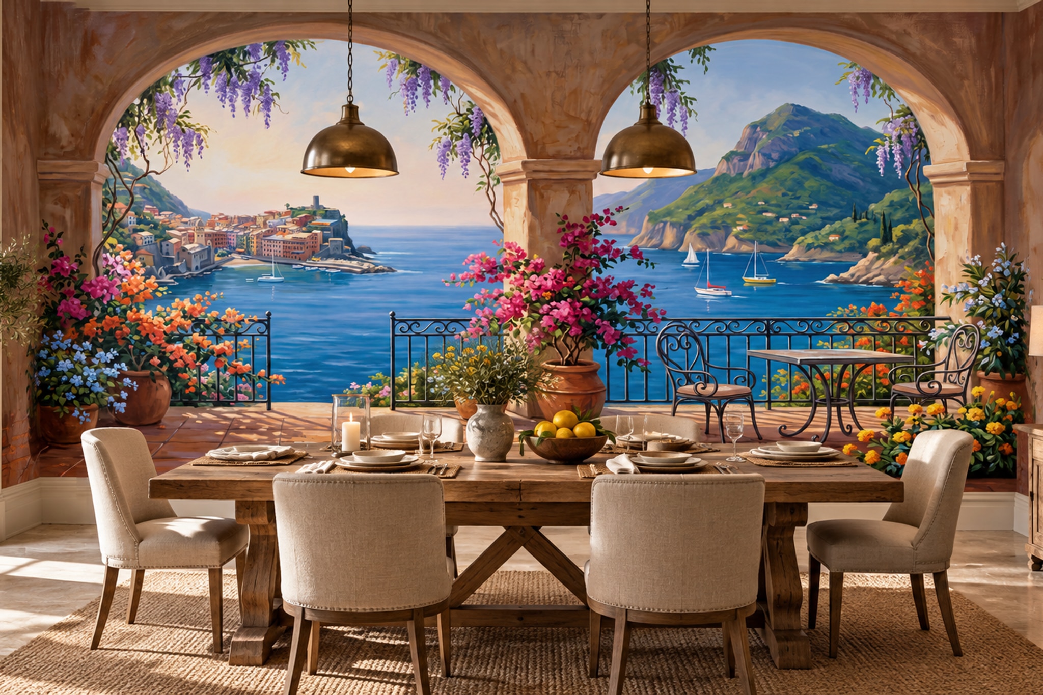 Coastal Villa Terrace And Blue Bay Wallpaper Mural — Wallpaper Mural Design, Peel-and-stick Finish