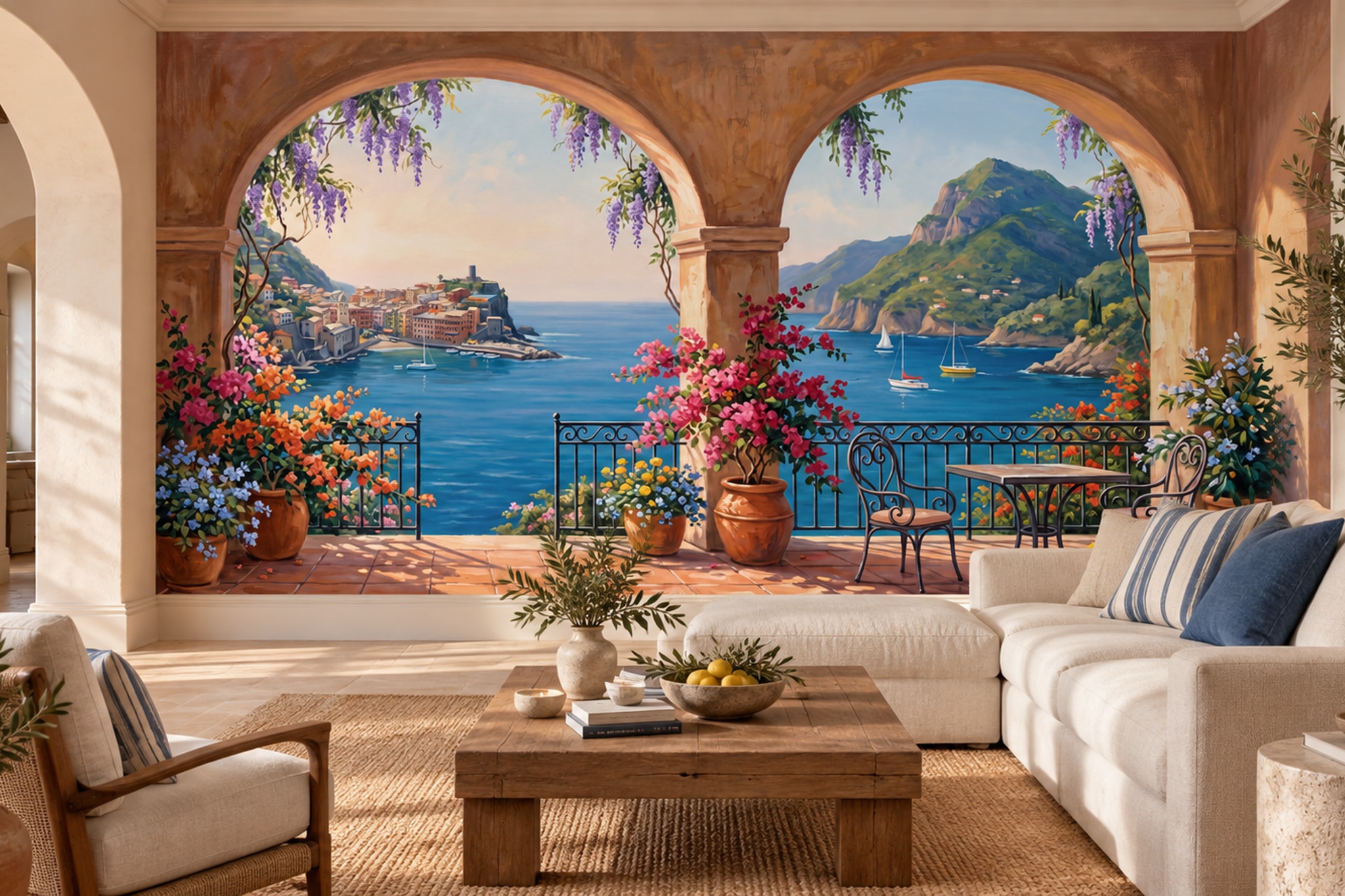 Blue Coastal Scenic Atmospheric Wallpaper Mural Dining-room-wallpaper-murals, Shown In A Dining Room, Peel-and-stick Finish