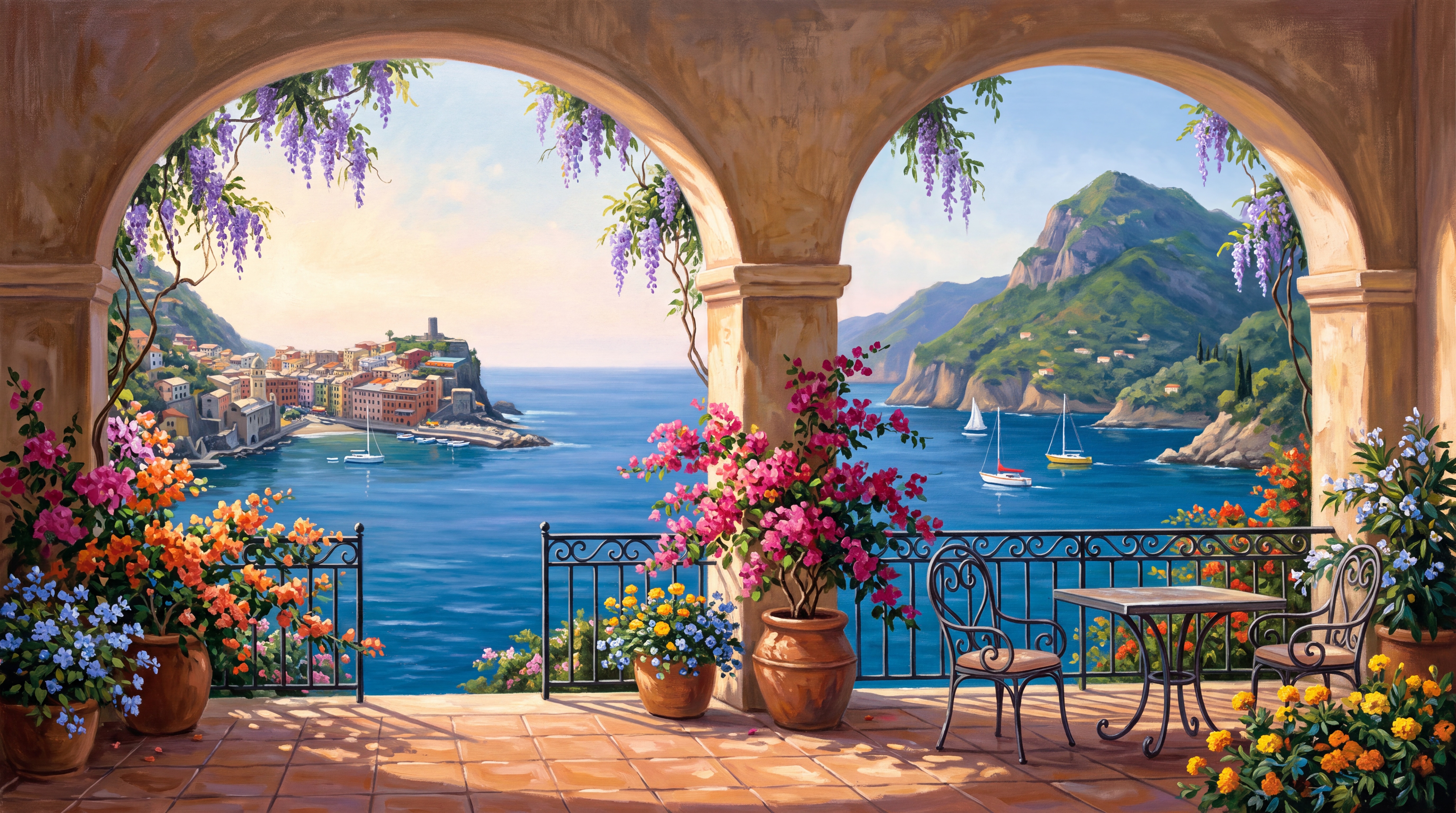 Blue Coastal Scenic Atmospheric Wallpaper Mural Living-room-wallpaper-murals, Peel-and-stick Finish