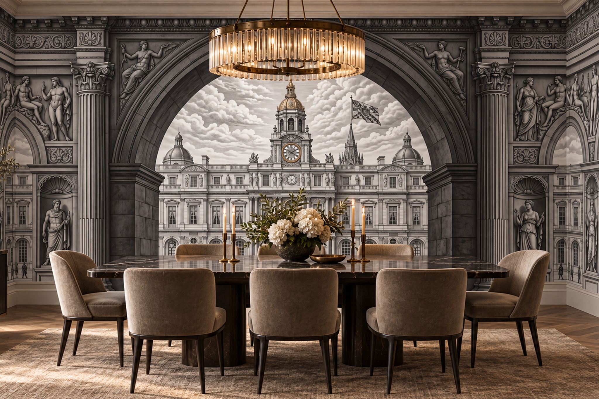 Classical Palace Beyond A Sculpted Stone Arch Wallpaper Mural — Installed Wallpaper Mural In A Bedroom, Peel-and-stick Finish