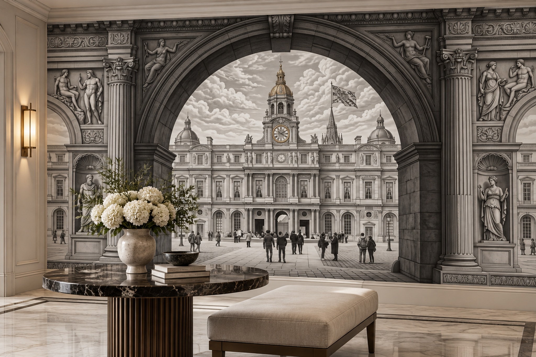 Grey Arched Abstract Layered Wallpaper Mural Dining-room-wallpaper-murals, Shown In A Dining Room, Peel-and-stick Finish