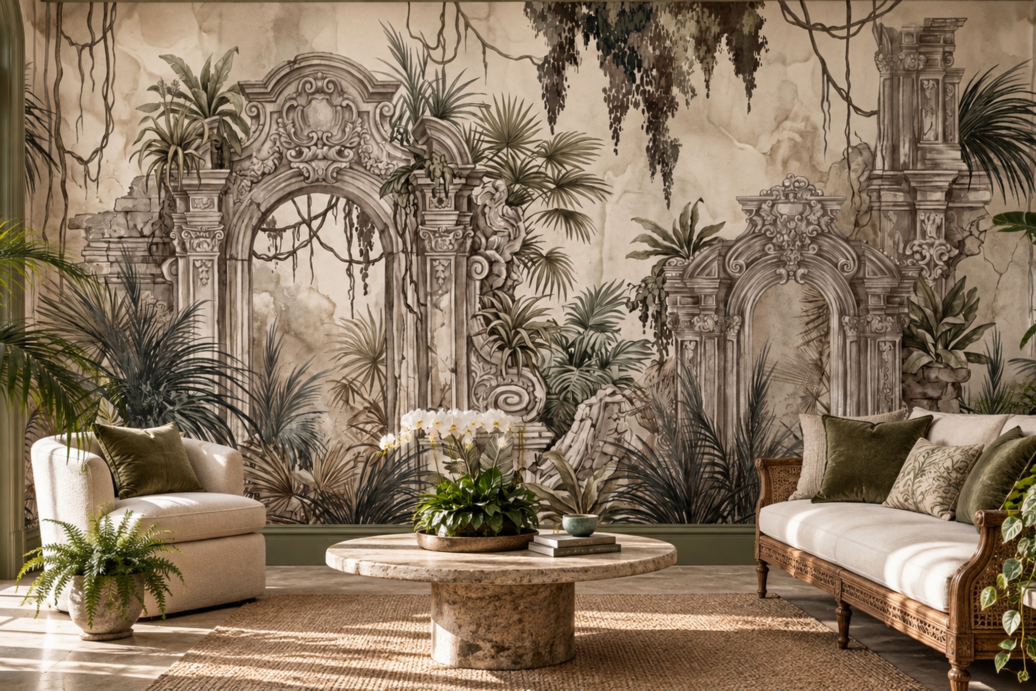 Beige Pattern Decorative Wallpaper Mural Layered Quiet Wallpaper Mural Living-room-wallpaper-murals, Peel-and-stick Finish
