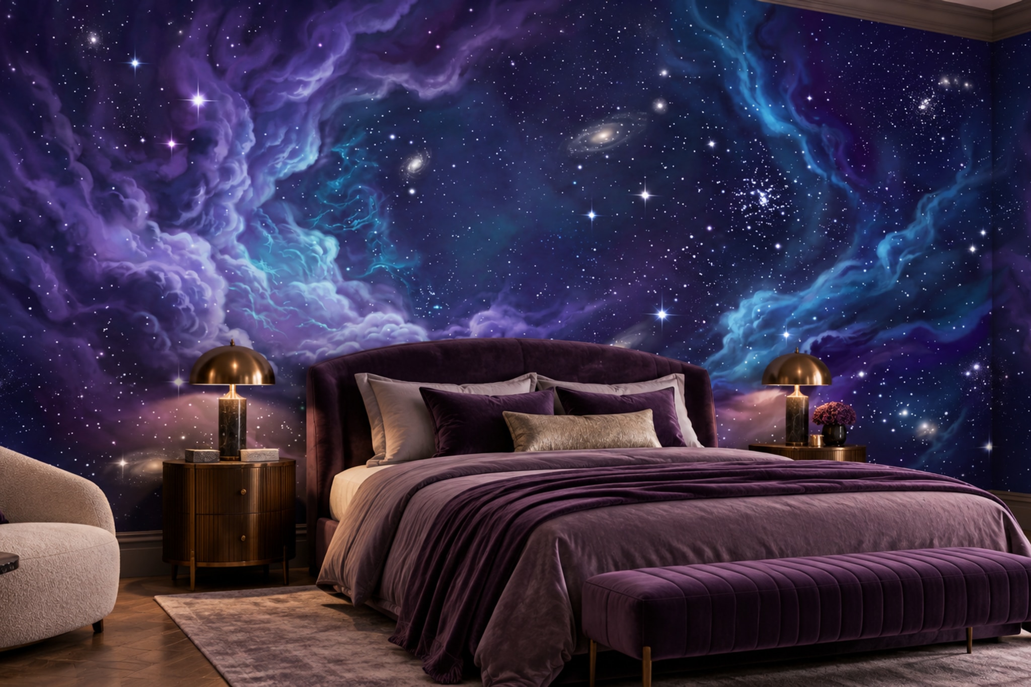 Purple Pattern Decorative Wallpaper Mural Layered Forms Wallpaper Mural Dining-room-wallpaper-murals, Shown In A Dining Room, Peel-and-stick Finish