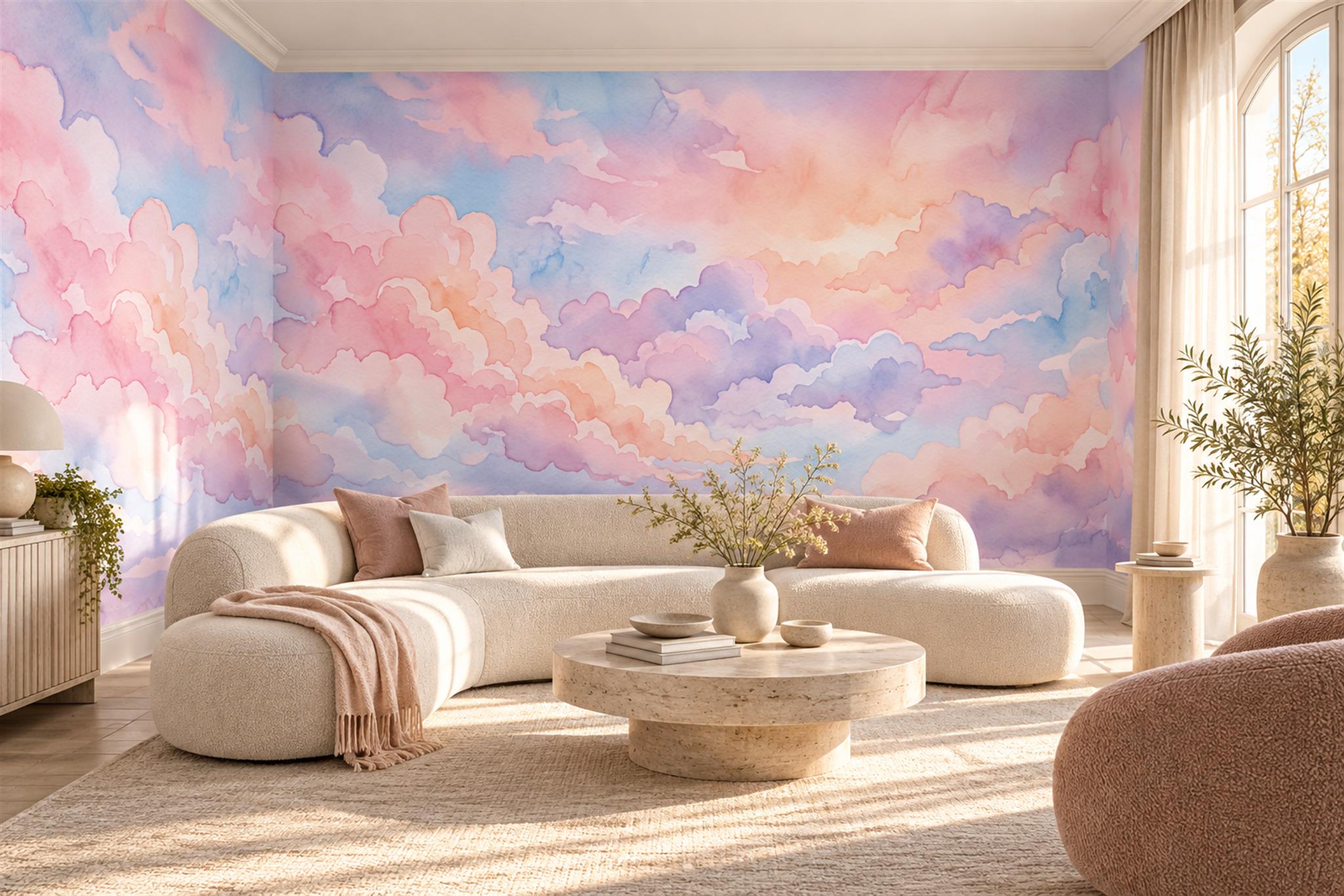 Pastel Watercolour Cloudscape Wallpaper Mural — Wallpaper Mural Design, Peel-and-stick Finish