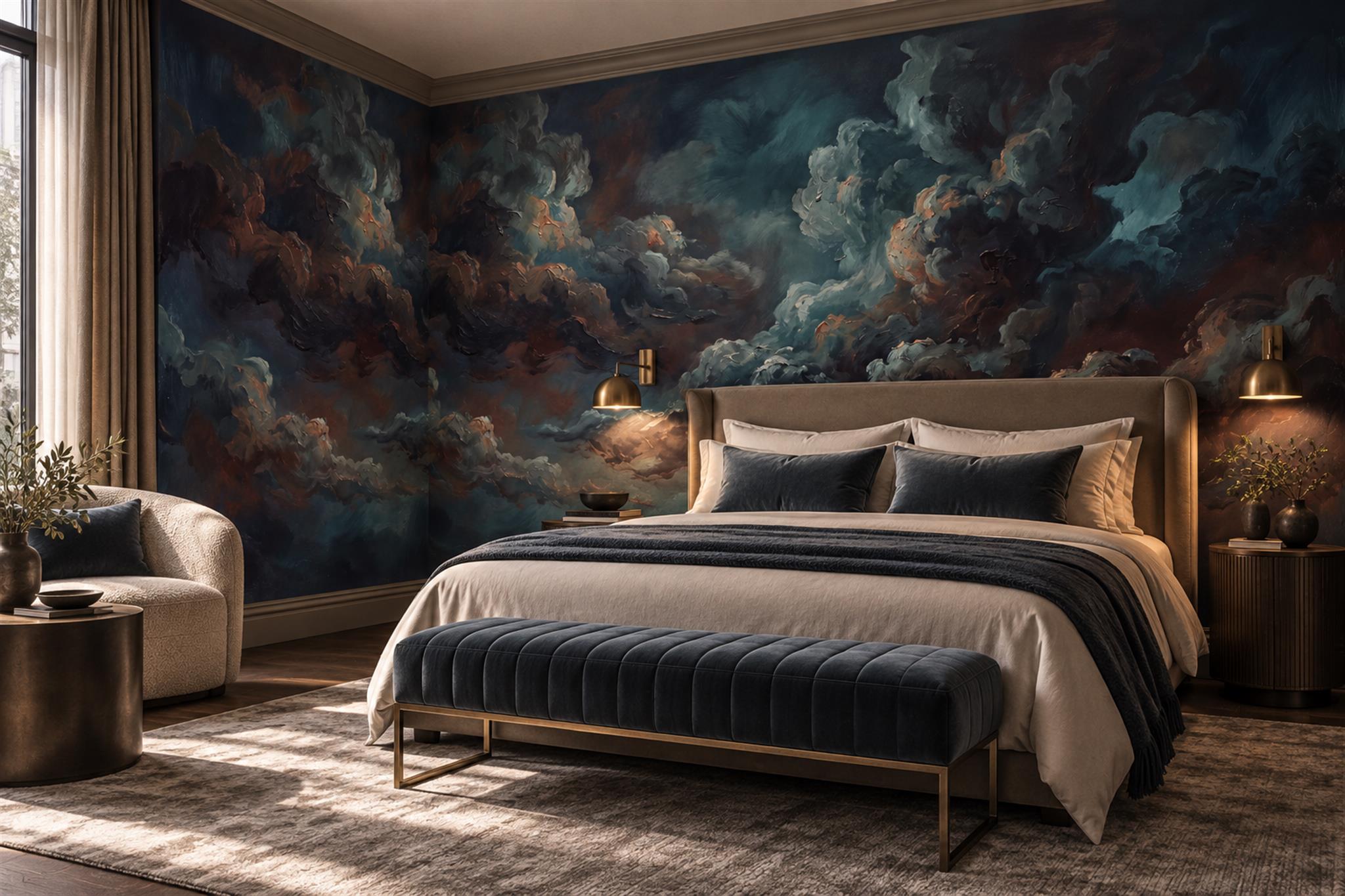 Navy Clouds Artful Wallpaper Mural Bedroom-wallpaper-murals, Peel-and-stick Finish