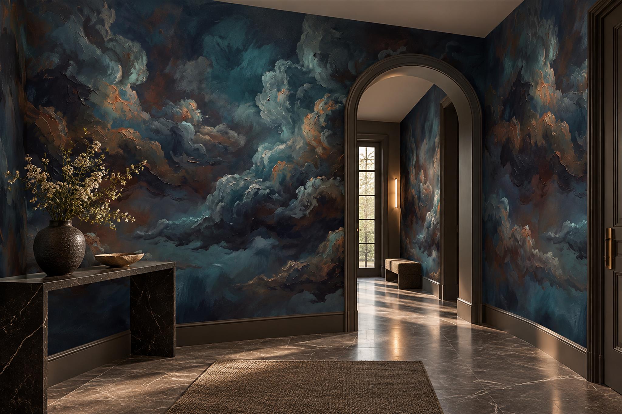 Navy Clouds Artful Wallpaper Mural Entryway-wallpaper-murals, Peel-and-stick Finish