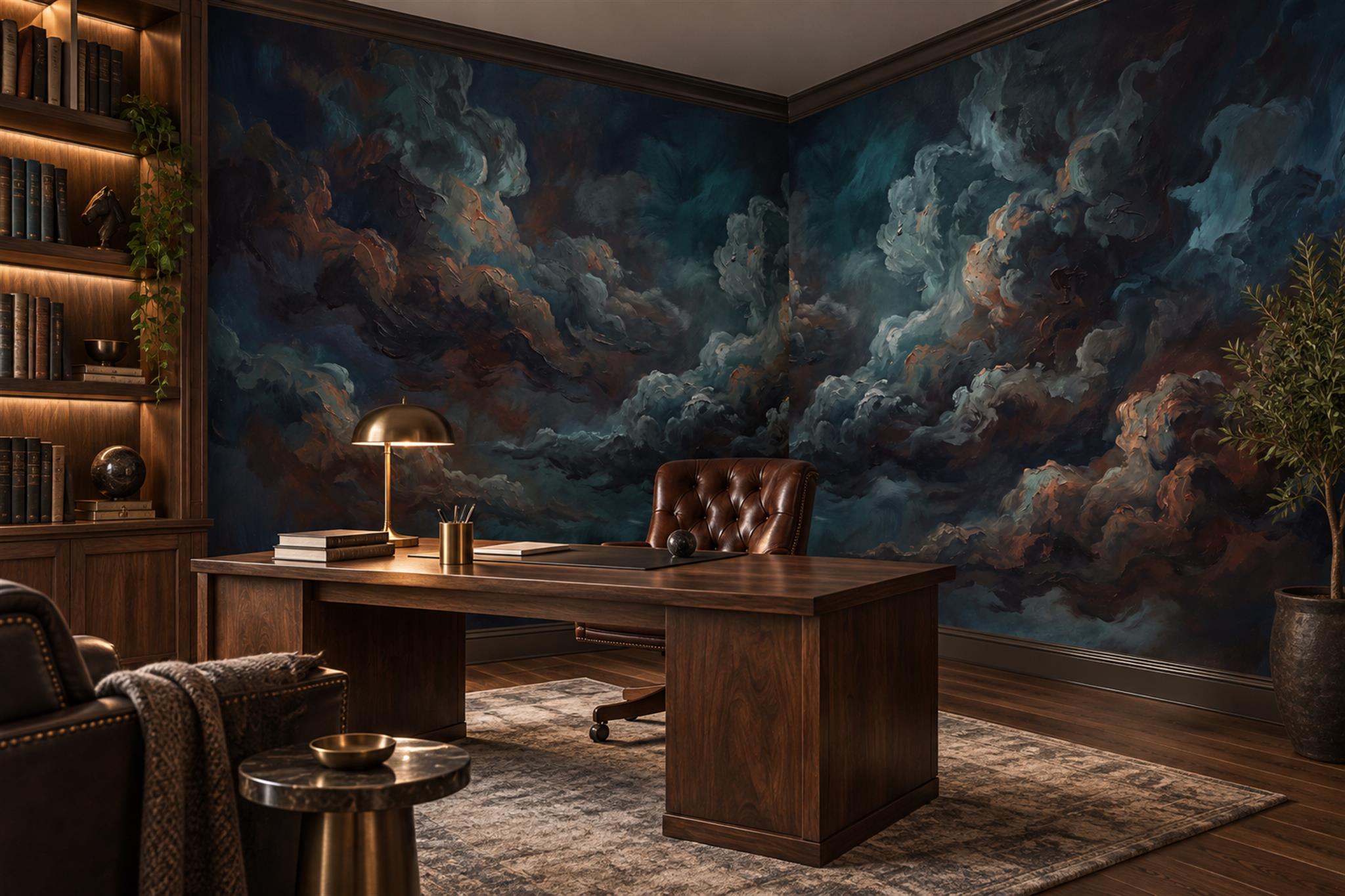 Navy Clouds Artful Wallpaper Mural Bedroom-wallpaper-murals, Peel-and-stick Finish