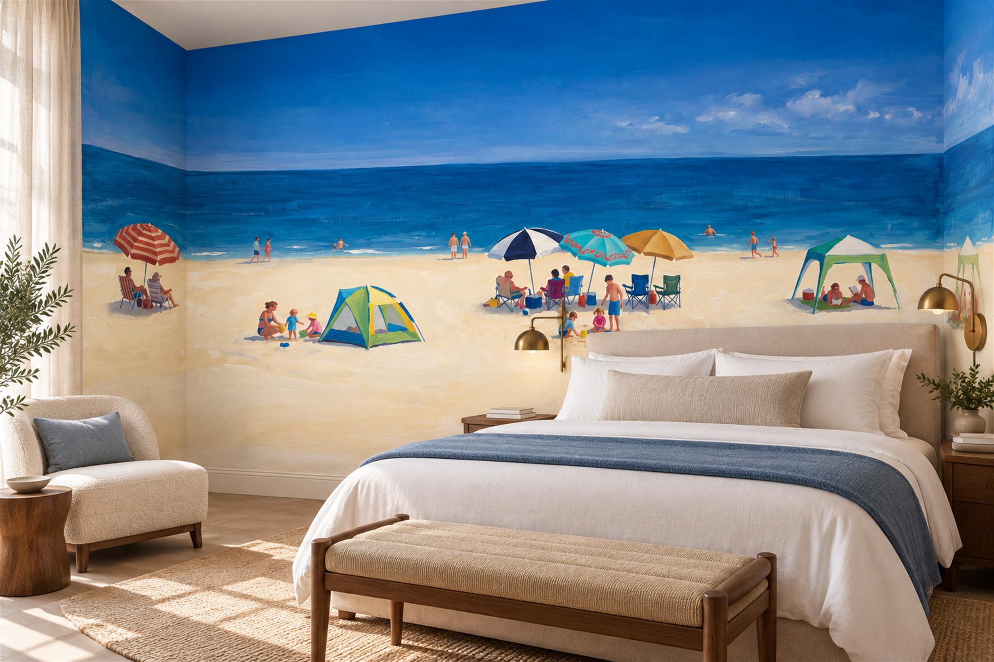 Blue Beach Scenic Textured Wallpaper Mural Bedroom-wallpaper-murals, Peel-and-stick Finish