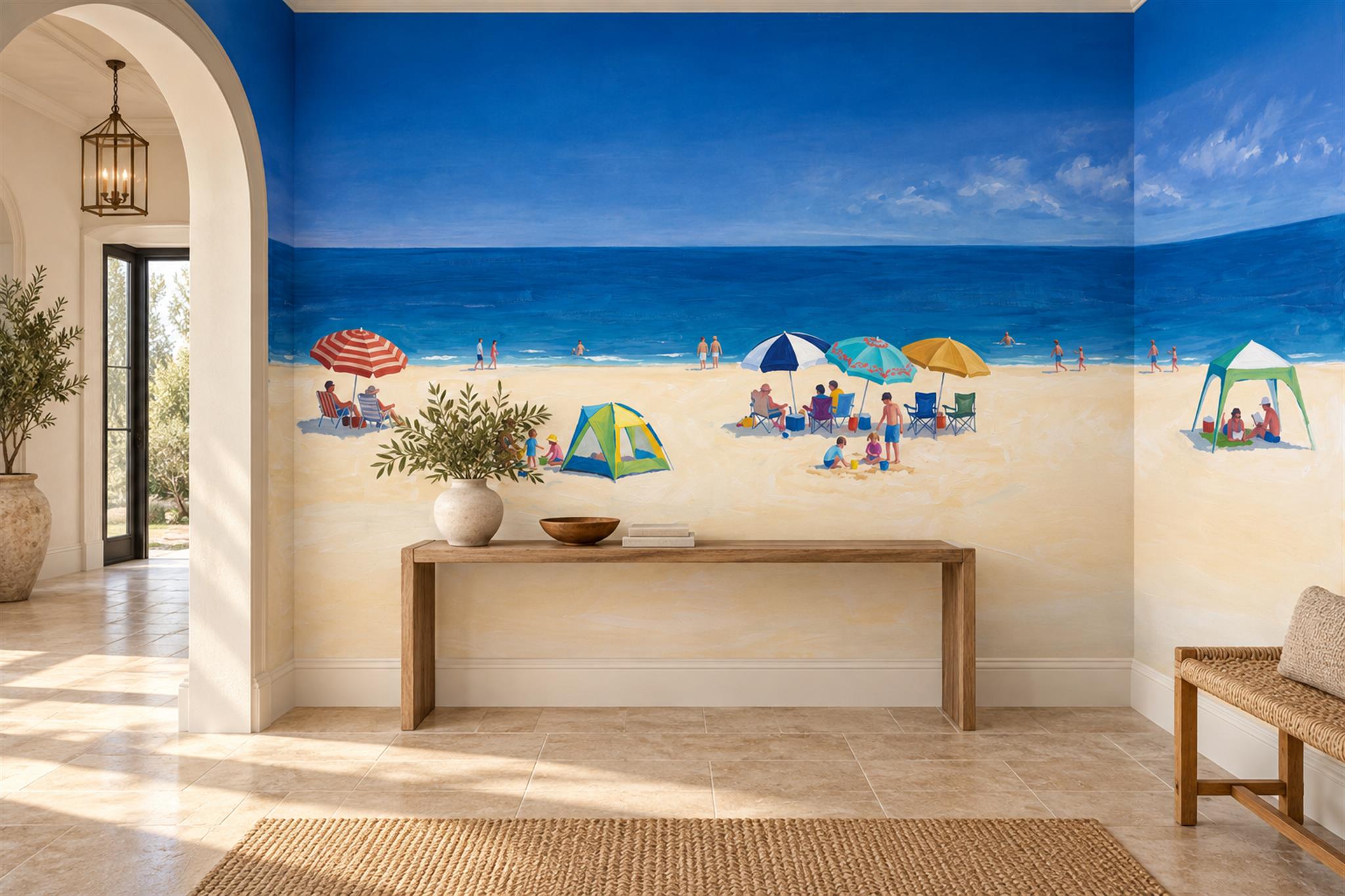 Blue Beach Scenic Textured Wallpaper Mural Entryway-wallpaper-murals, Peel-and-stick Finish
