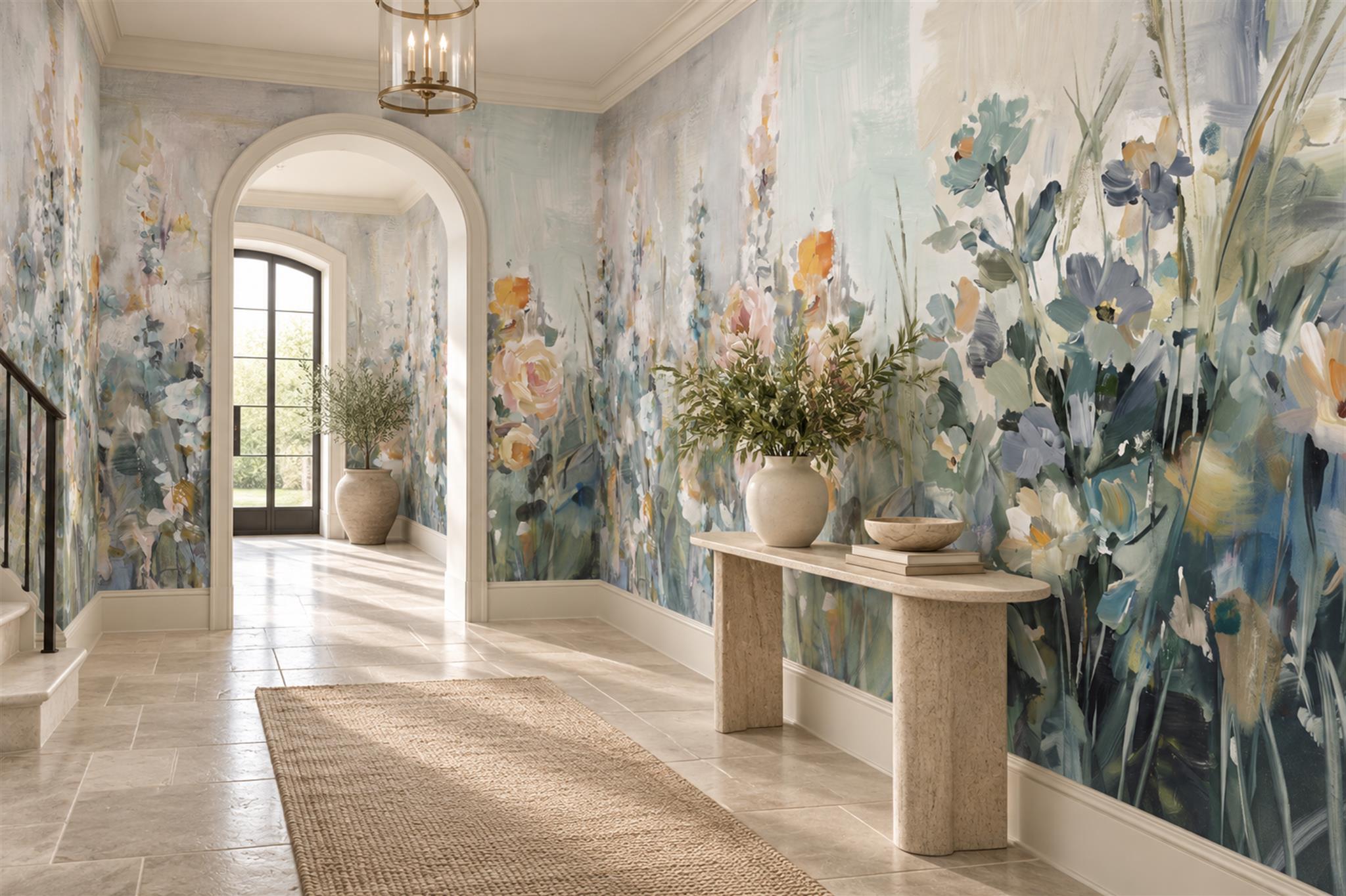 Pastel Meadow Scenic Wallpaper Mural Entryway-wallpaper-murals, Peel-and-stick Finish