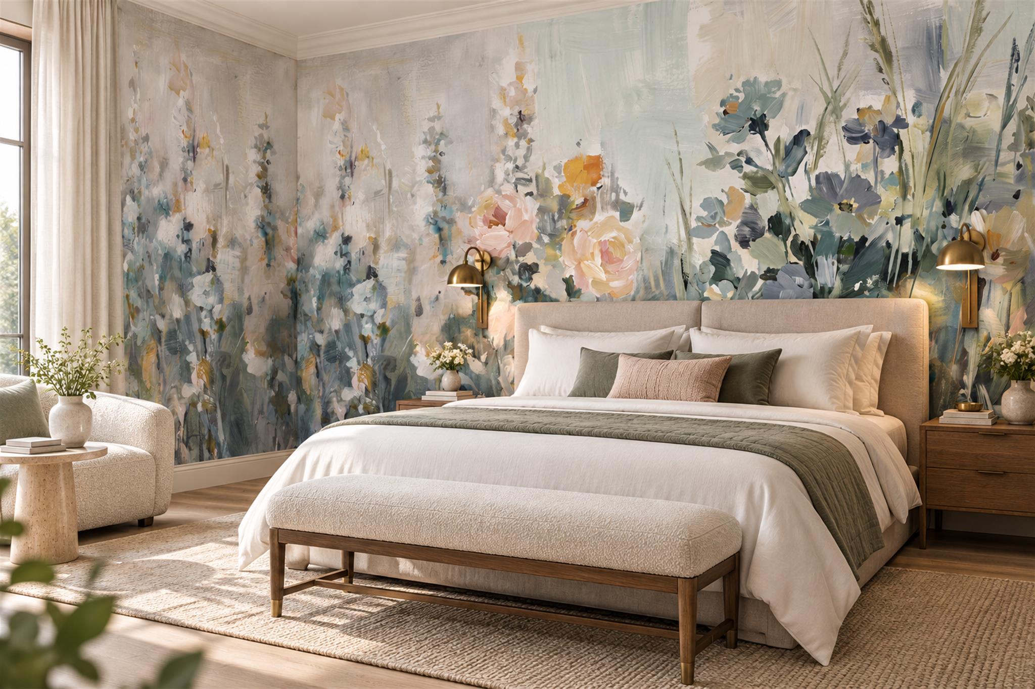 Pastel Meadow Scenic Wallpaper Mural Bedroom-wallpaper-murals, Peel-and-stick Finish