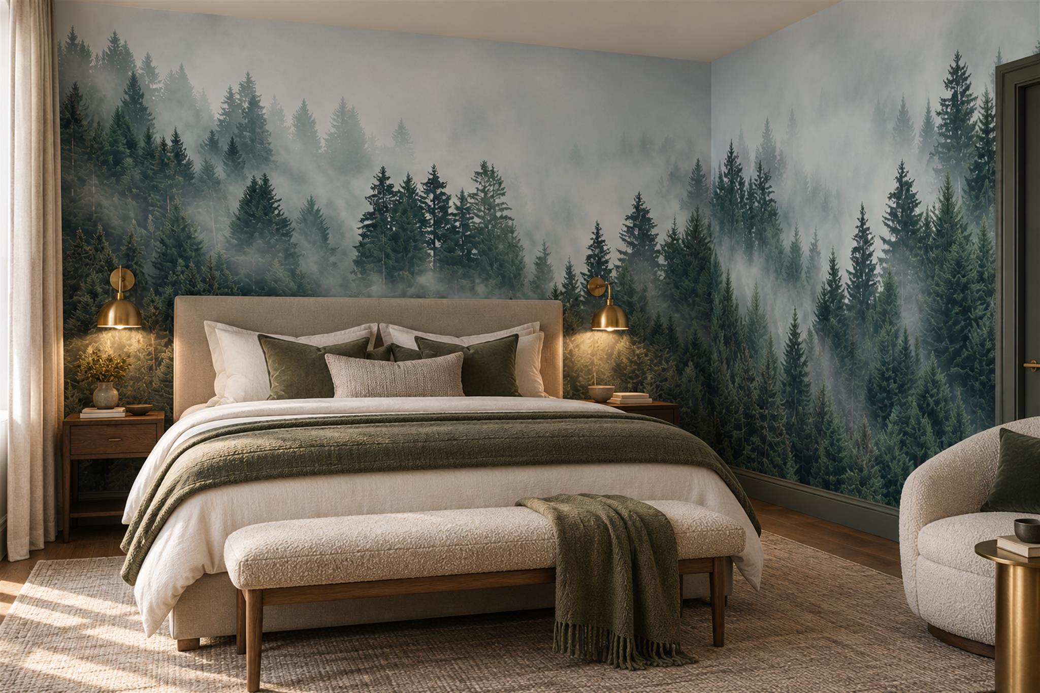 Misty Evergreen Forest Wallpaper Mural — Installed Wallpaper Mural In A Bedroom, Peel-and-stick Finish