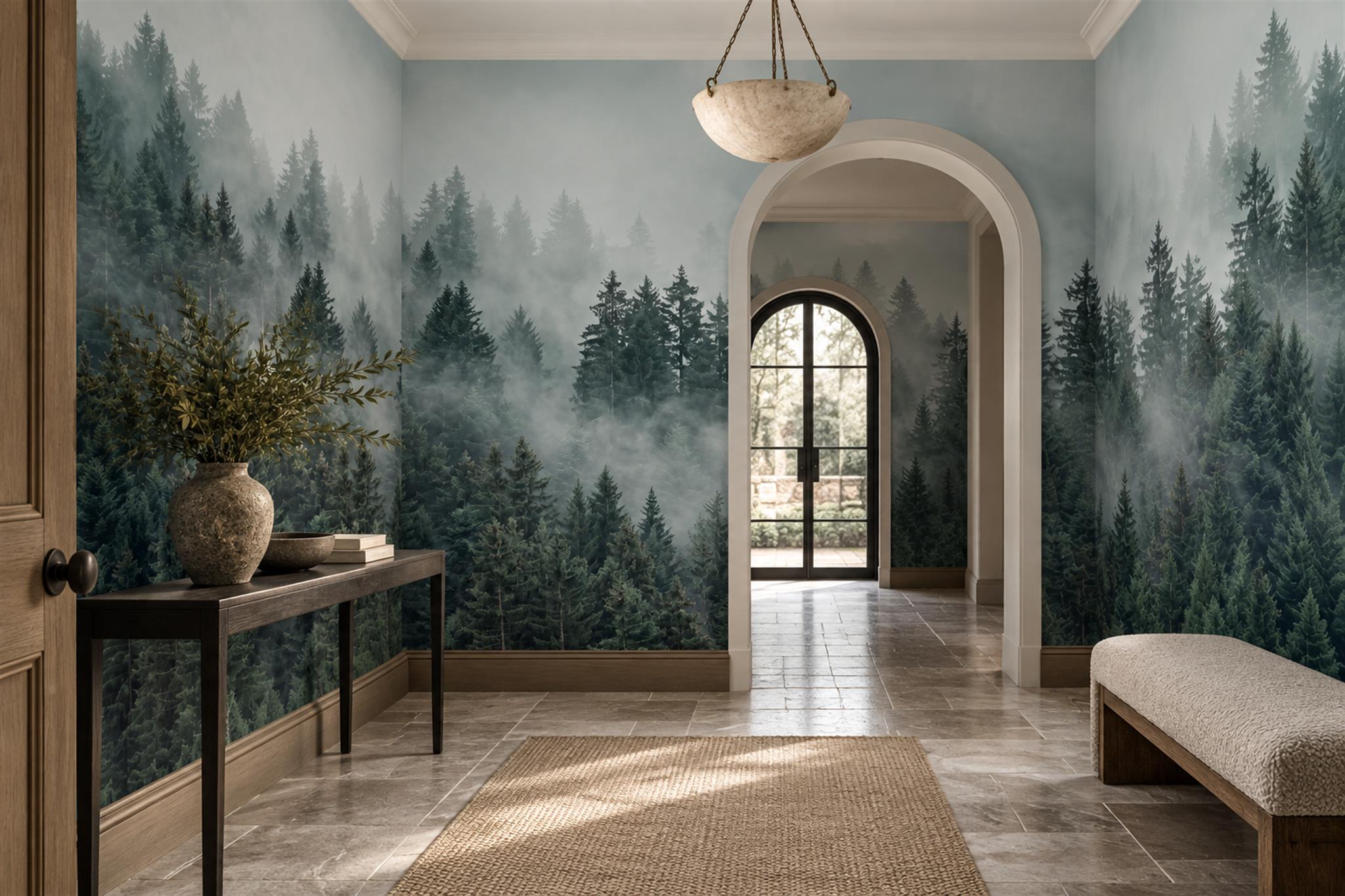 Green Forest Scenic Illustrated Wallpaper Mural Entryway-wallpaper-murals, Peel-and-stick Finish