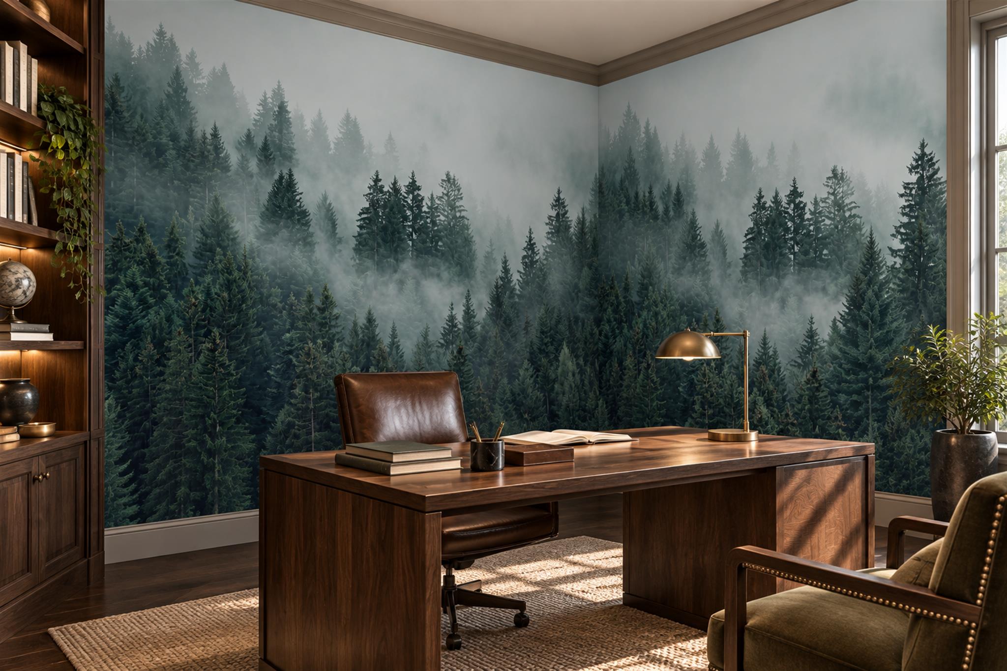 Green Forest Scenic Illustrated Wallpaper Mural Home-office-wallpaper-murals, Shown In A Home Office, Peel-and-stick Finish