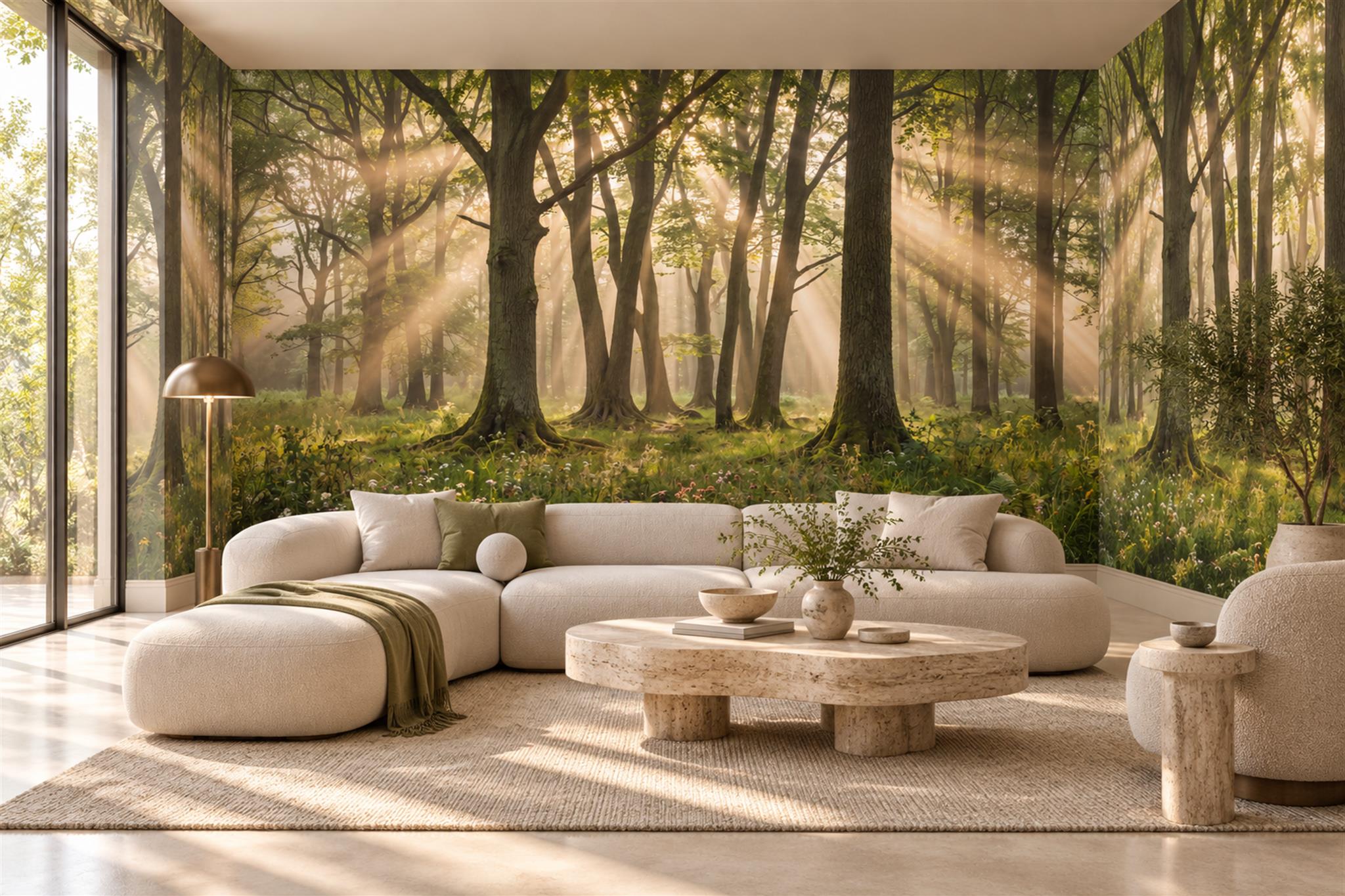 Gold Scenic Scenic Forest Wallpaper Mural Living-room-wallpaper-murals, Shown In A Living Room, Peel-and-stick Finish