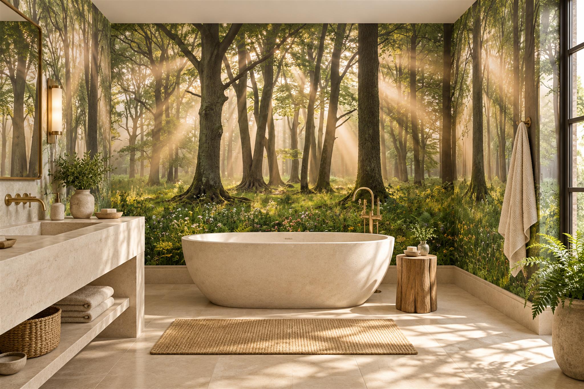 Gold Scenic Scenic Forest Wallpaper Mural Bathroom-wallpaper-murals, Peel-and-stick Finish