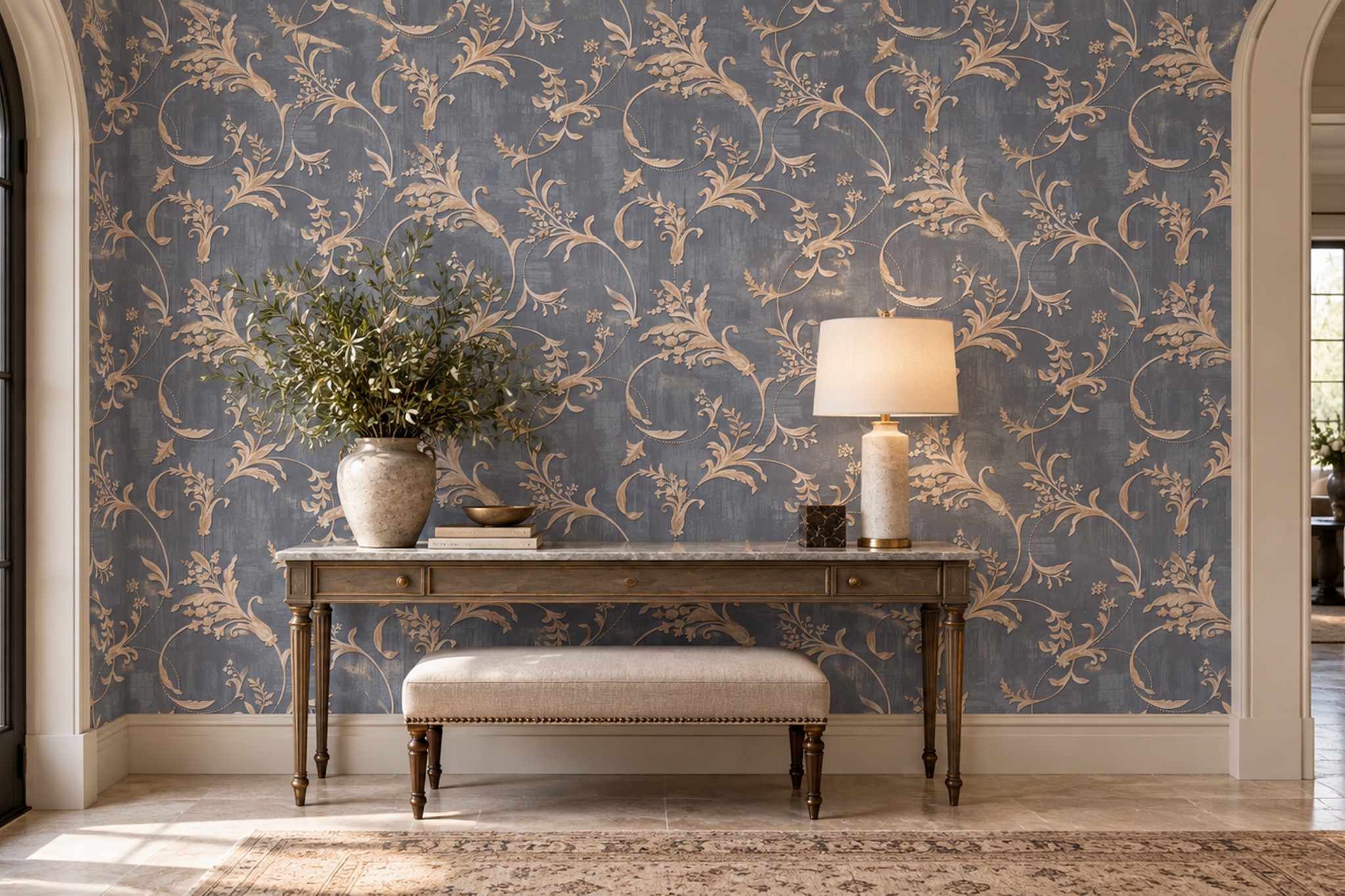 Grey Pattern Decorative Wallpaper Mural Layered Quiet Forms Wallpaper Entryway-wallpaper-murals, Peel-and-stick Finish