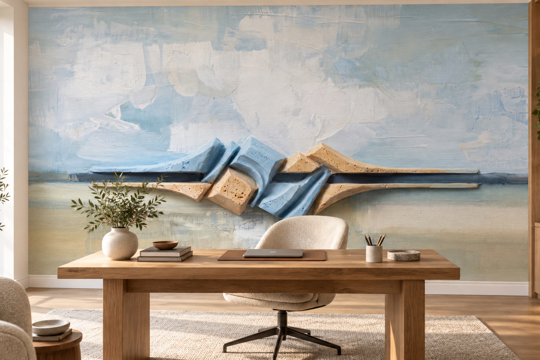 Blue Abstract Abstract Wallpaper Mural Home-office-wallpaper-murals, Shown In A Home Office, Peel-and-stick Finish