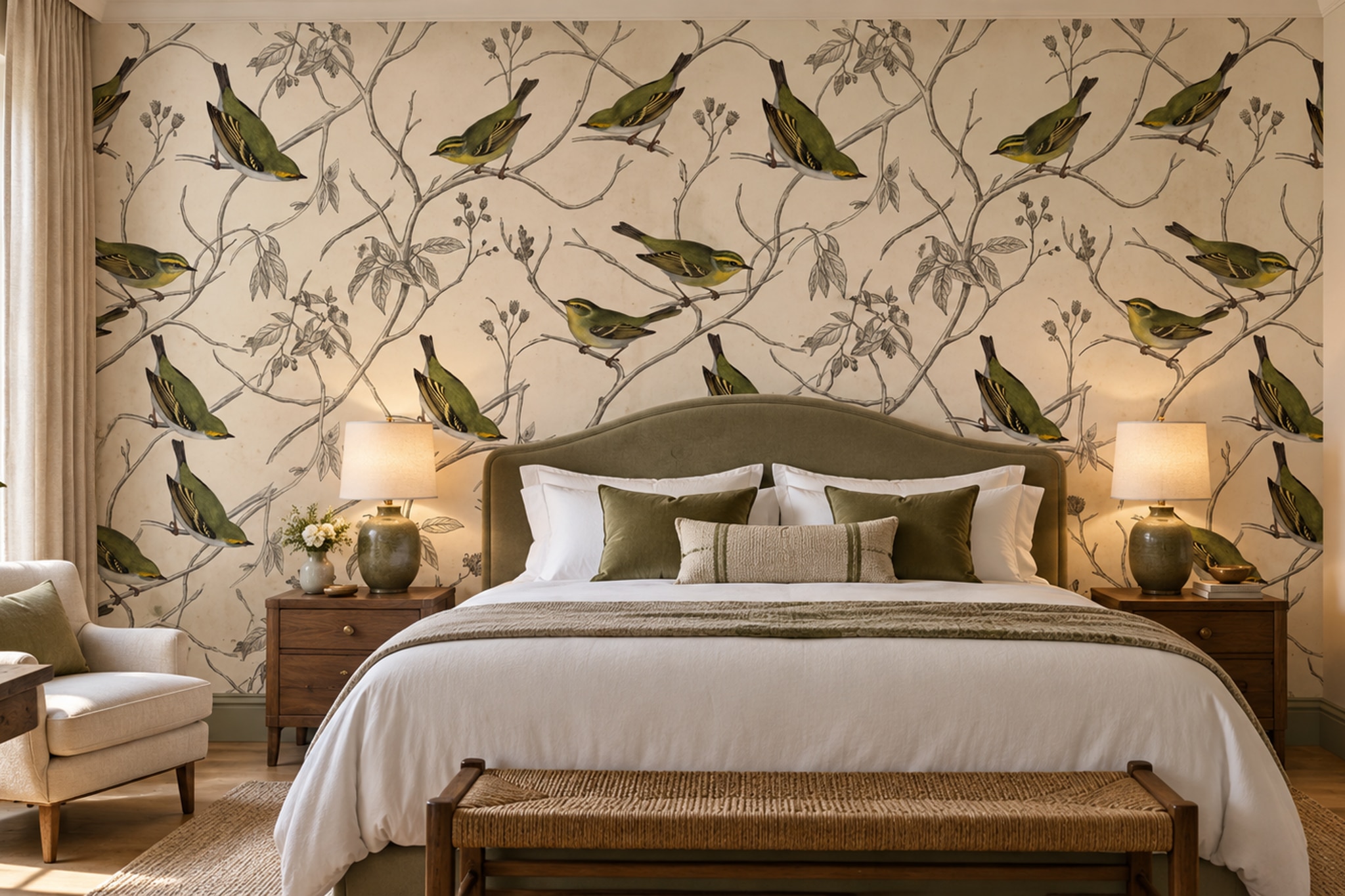 Green Bird Illustrated Layered Wallpaper Mural Bedroom-wallpaper-murals, Peel-and-stick Finish