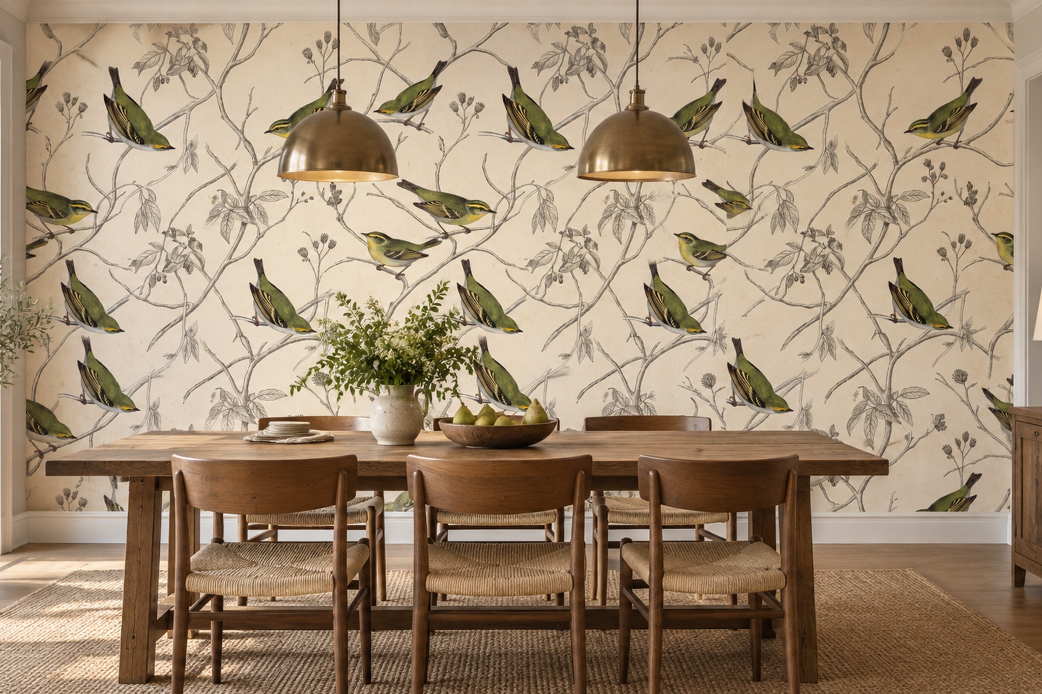Green Bird Illustrated Layered Wallpaper Mural Home-office-wallpaper-murals, Peel-and-stick Finish