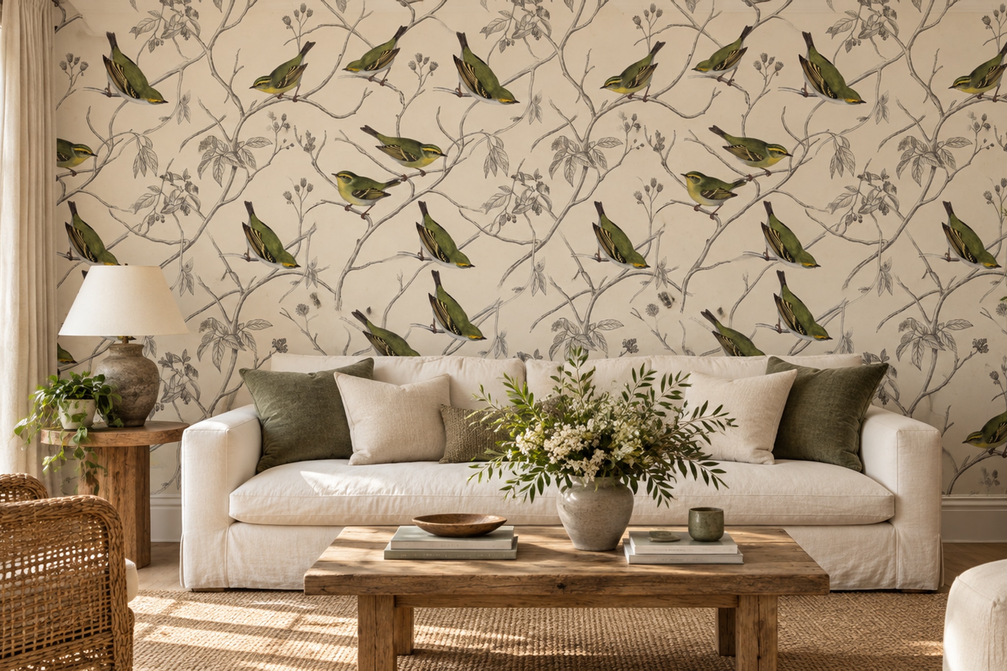 Olive Green Birds On Botanical Branches Wallpaper Mural — Wallpaper Mural Design, Peel-and-stick Finish