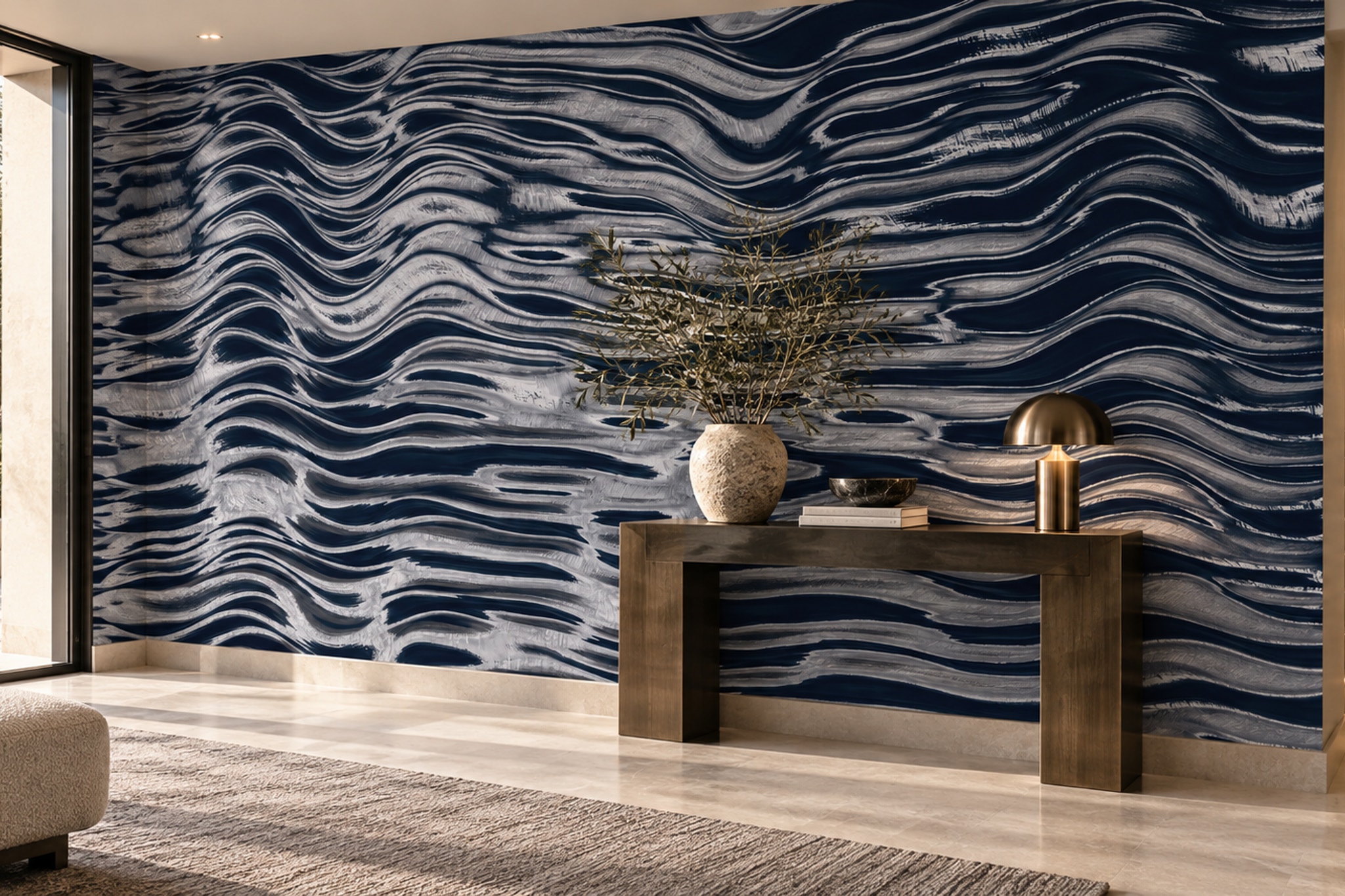 Navy Waves Artful Decorative Wallpaper Mural Entryway-wallpaper-murals, Peel-and-stick Finish