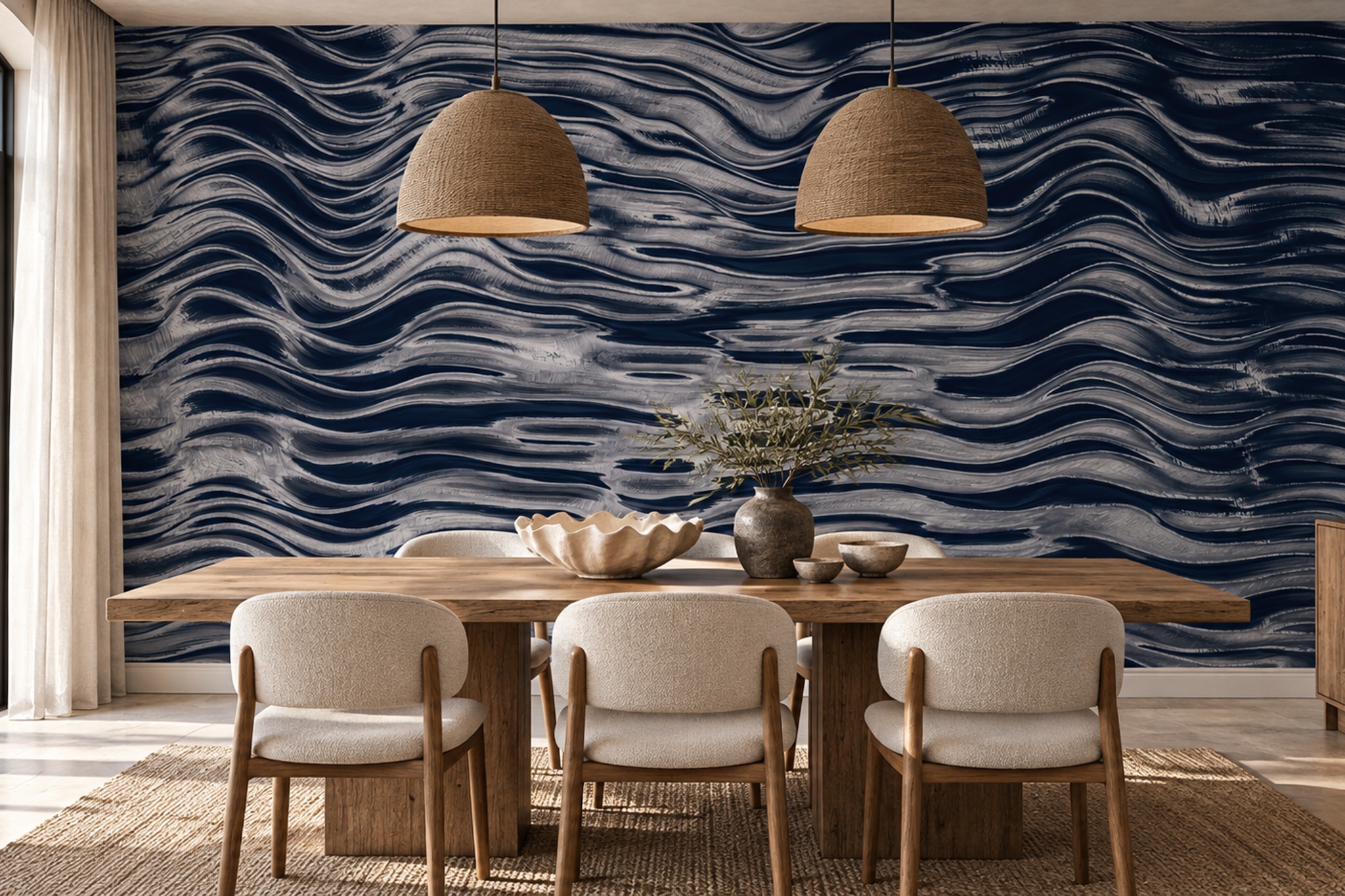 Navy Layered Ripple Wave Wallpaper Mural — Wallpaper Mural Design, Peel-and-stick Finish