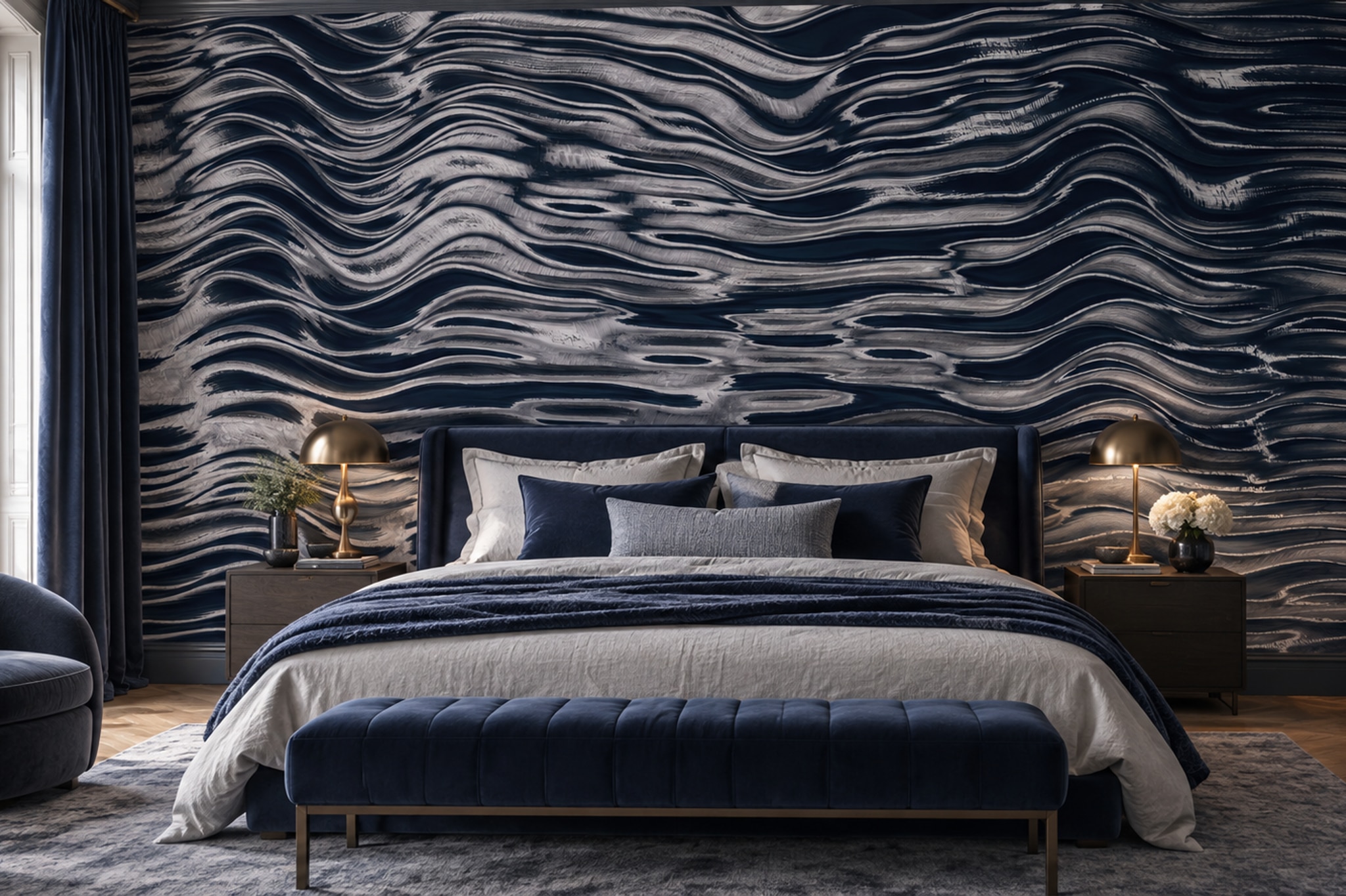 Navy Waves Artful Decorative Wallpaper Mural Bedroom-wallpaper-murals, Peel-and-stick Finish