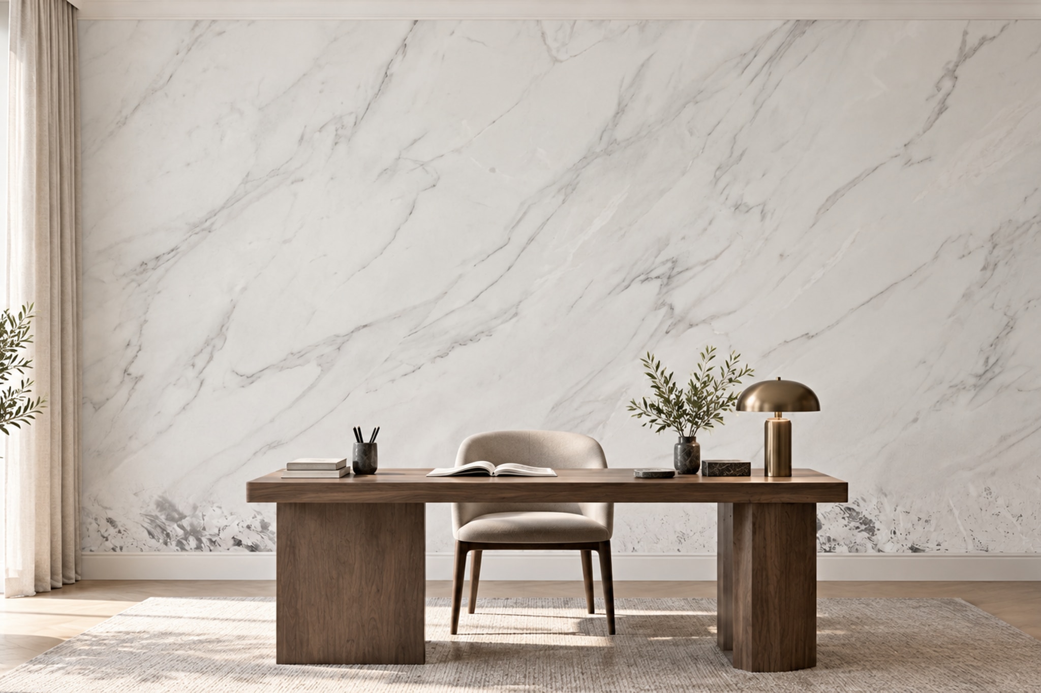 White Marble Decorative Wallpaper Mural Home-office-wallpaper-murals, Shown In A Home Office, Peel-and-stick Finish
