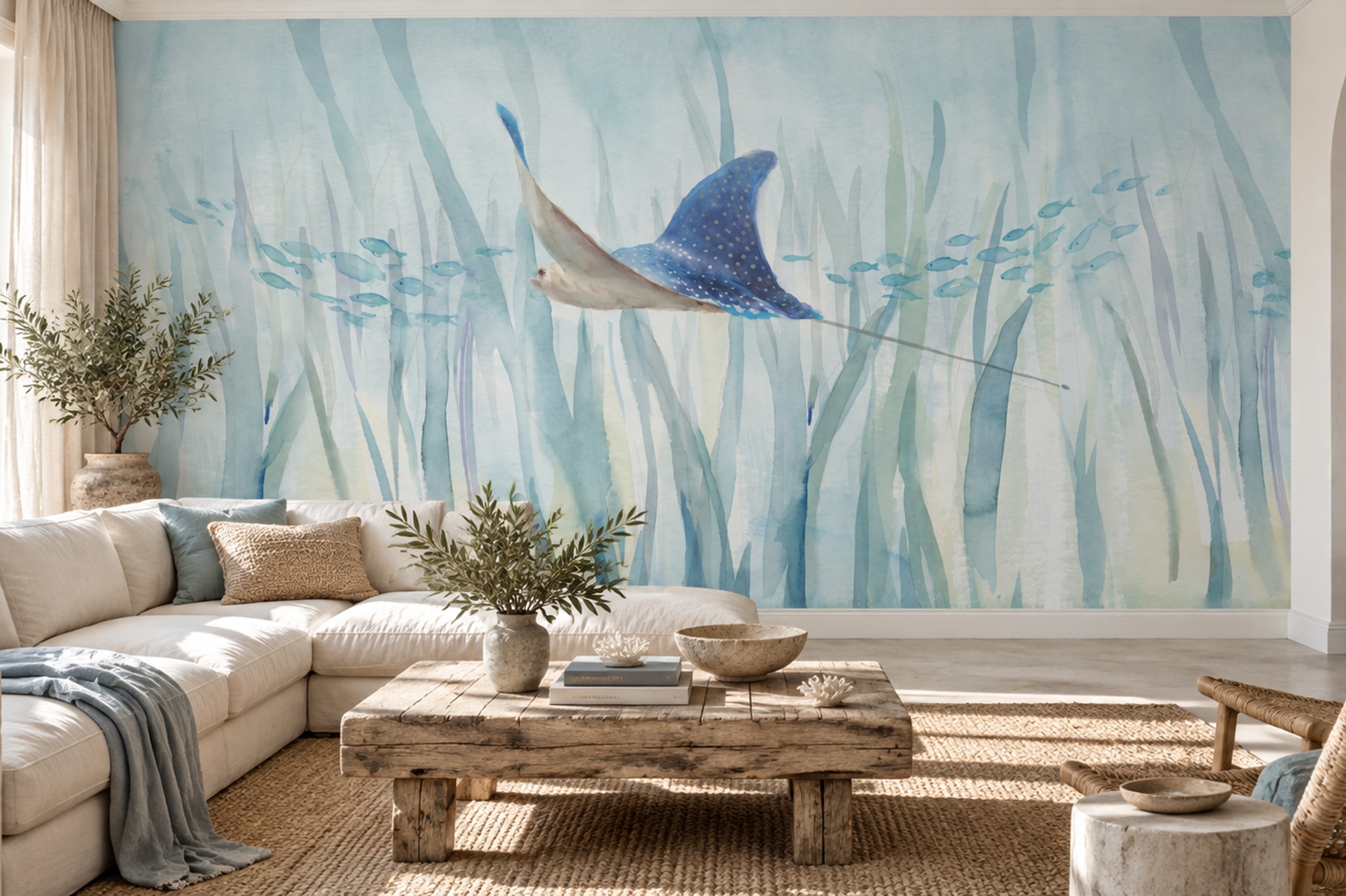 Blue Pattern Decorative Wallpaper Painterly Brushwork Wallpaper Mural Living-room-wallpaper-murals, Peel-and-stick Finish