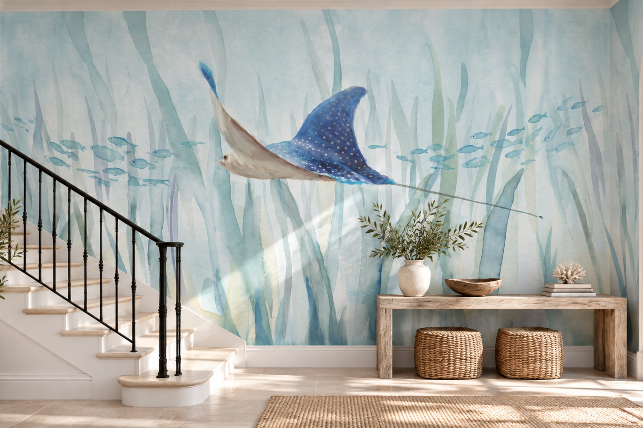 Blue Pattern Decorative Wallpaper Painterly Brushwork Wallpaper Mural, Peel-and-stick Finish