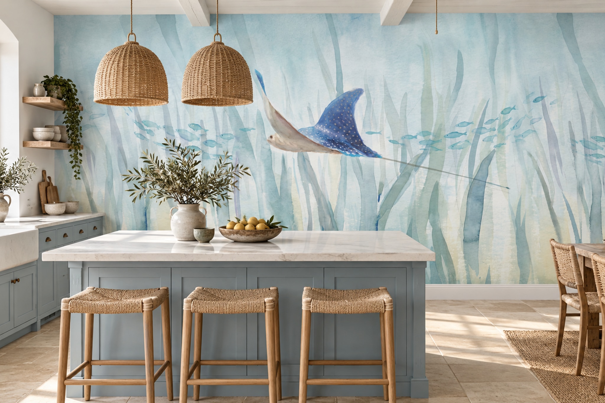 Blue Pattern Decorative Wallpaper Painterly Brushwork Wallpaper Mural Living-room-wallpaper-murals, Peel-and-stick Finish