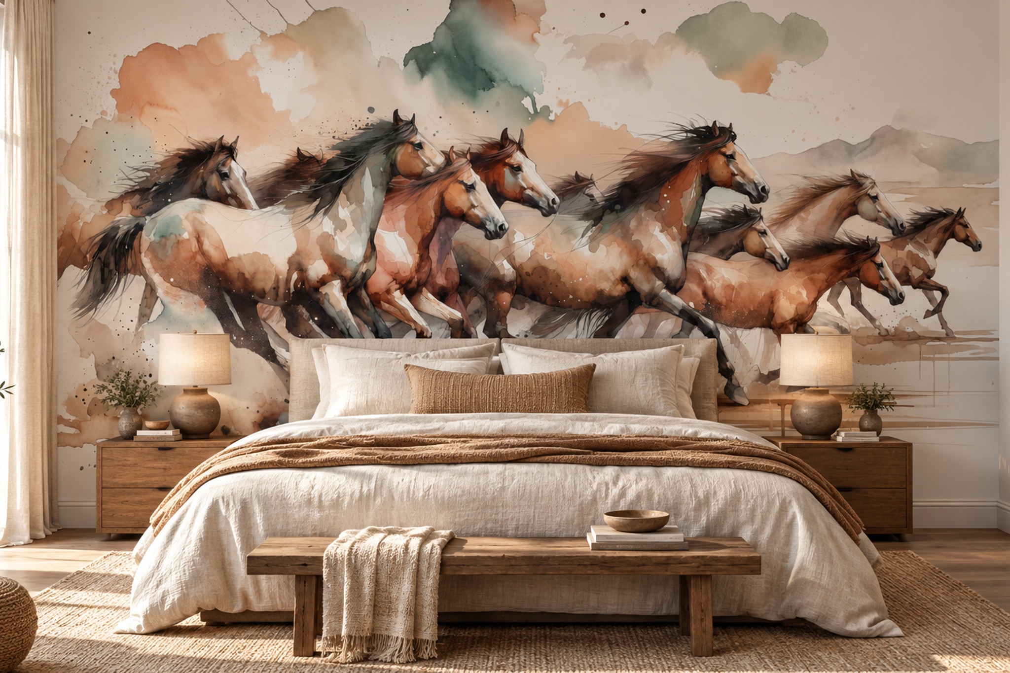 Running Horses Watercolour Wallpaper Mural — Installed Wallpaper Mural In A Bedroom, Peel-and-stick Finish