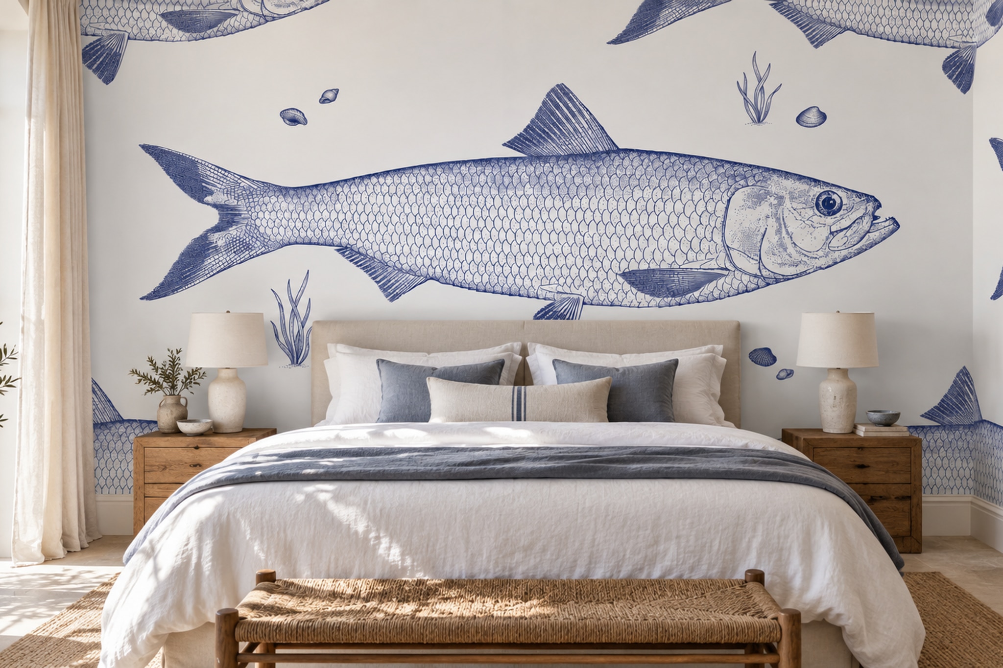 Blue Fish Illustrated Layered Wallpaper Mural Bedroom-wallpaper-murals, Peel-and-stick Finish