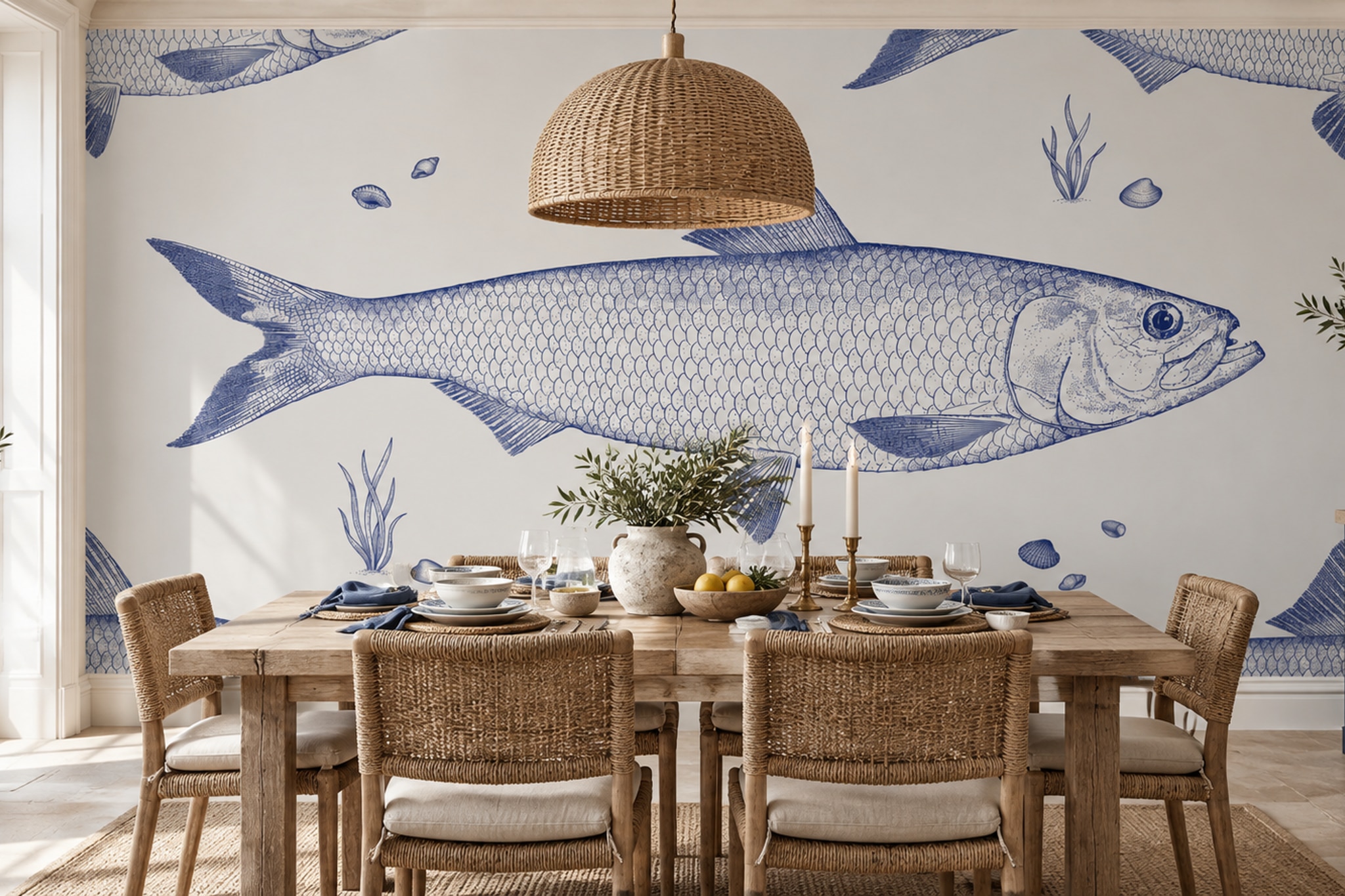 Blue Fish Illustrated Layered Wallpaper Mural Dining-room-wallpaper-murals, Peel-and-stick Finish