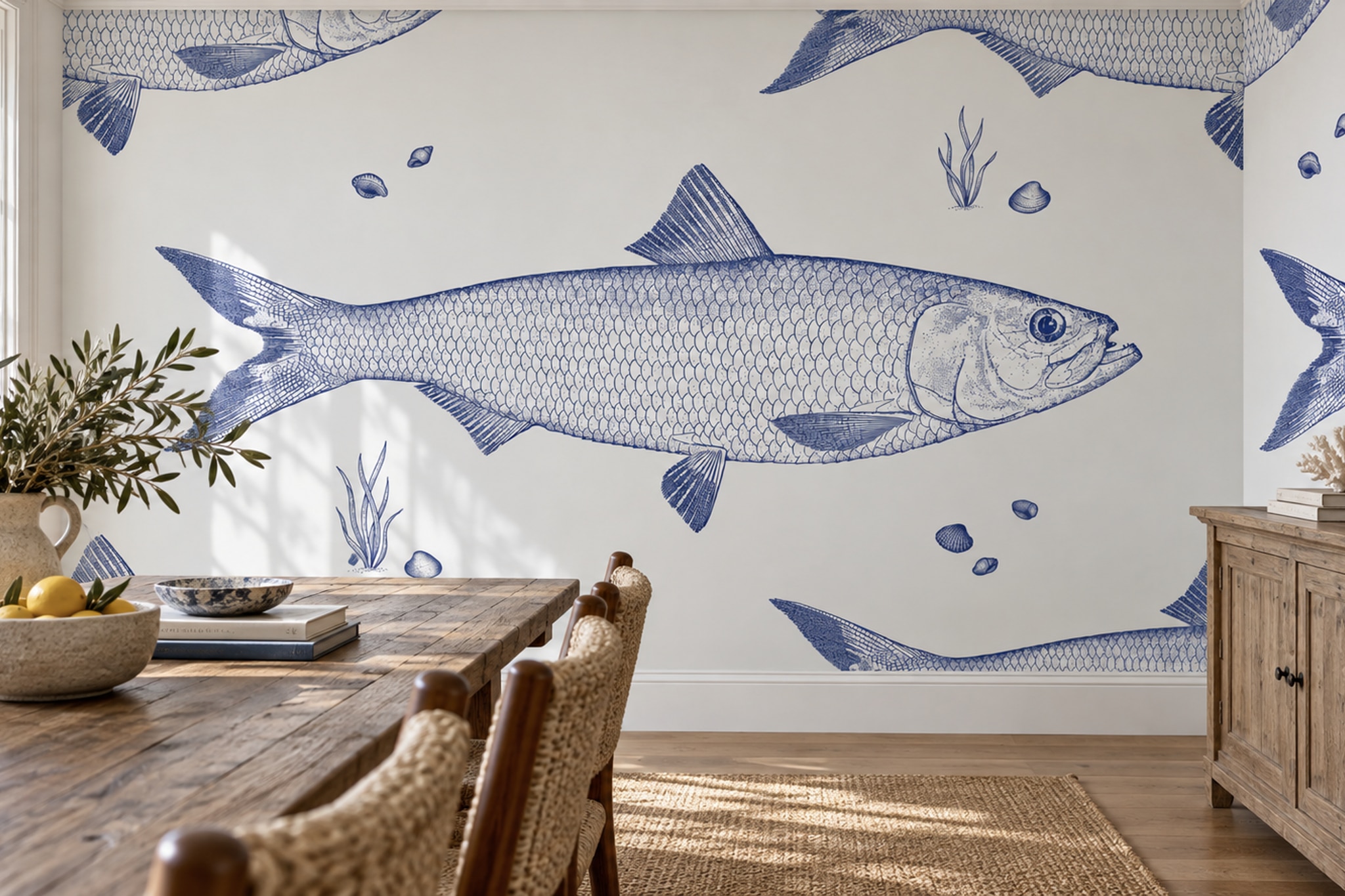 Blue Fish Illustrated Layered Wallpaper Mural Dining-room-wallpaper-murals, Peel-and-stick Finish
