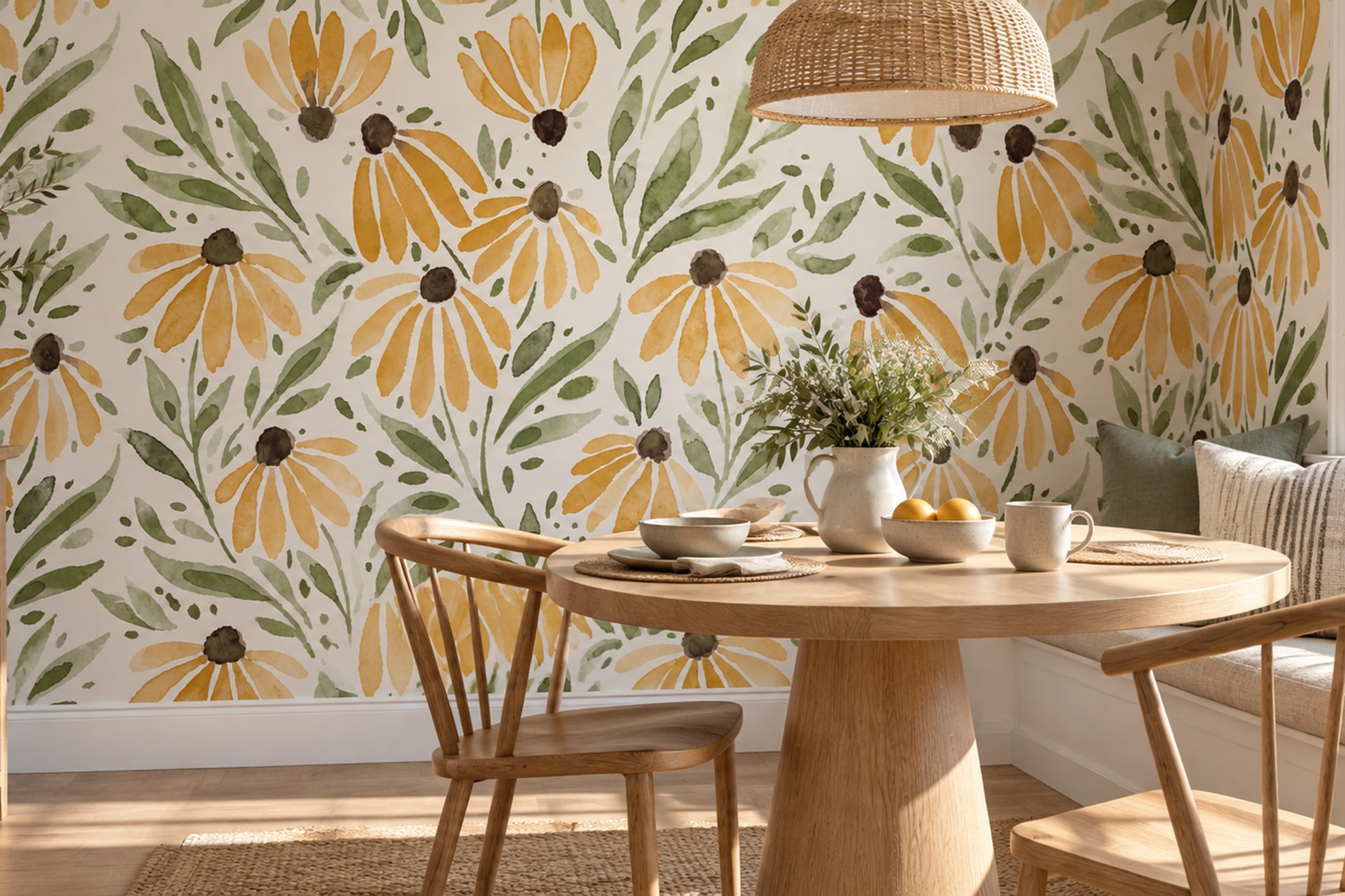 Gold Pattern Decorative Wallpaper Mural Layered Linear Wallpaper Mural Dining-room-wallpaper-murals, Shown In A Dining Room, Peel-and-stick Finish
