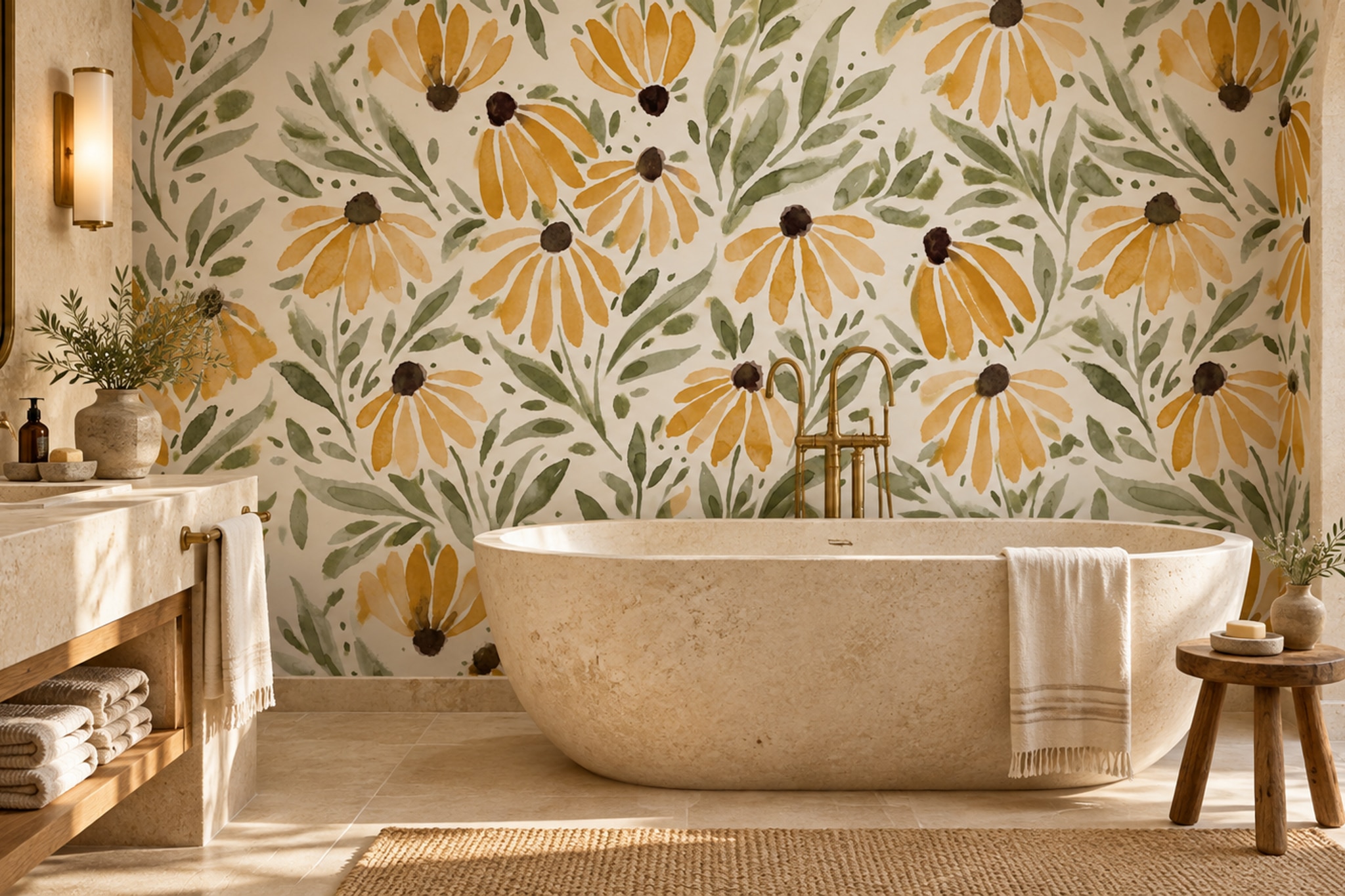Golden Daisy And Green Leaf Watercolour Wallpaper Mural — Wallpaper Mural Design, Peel-and-stick Finish