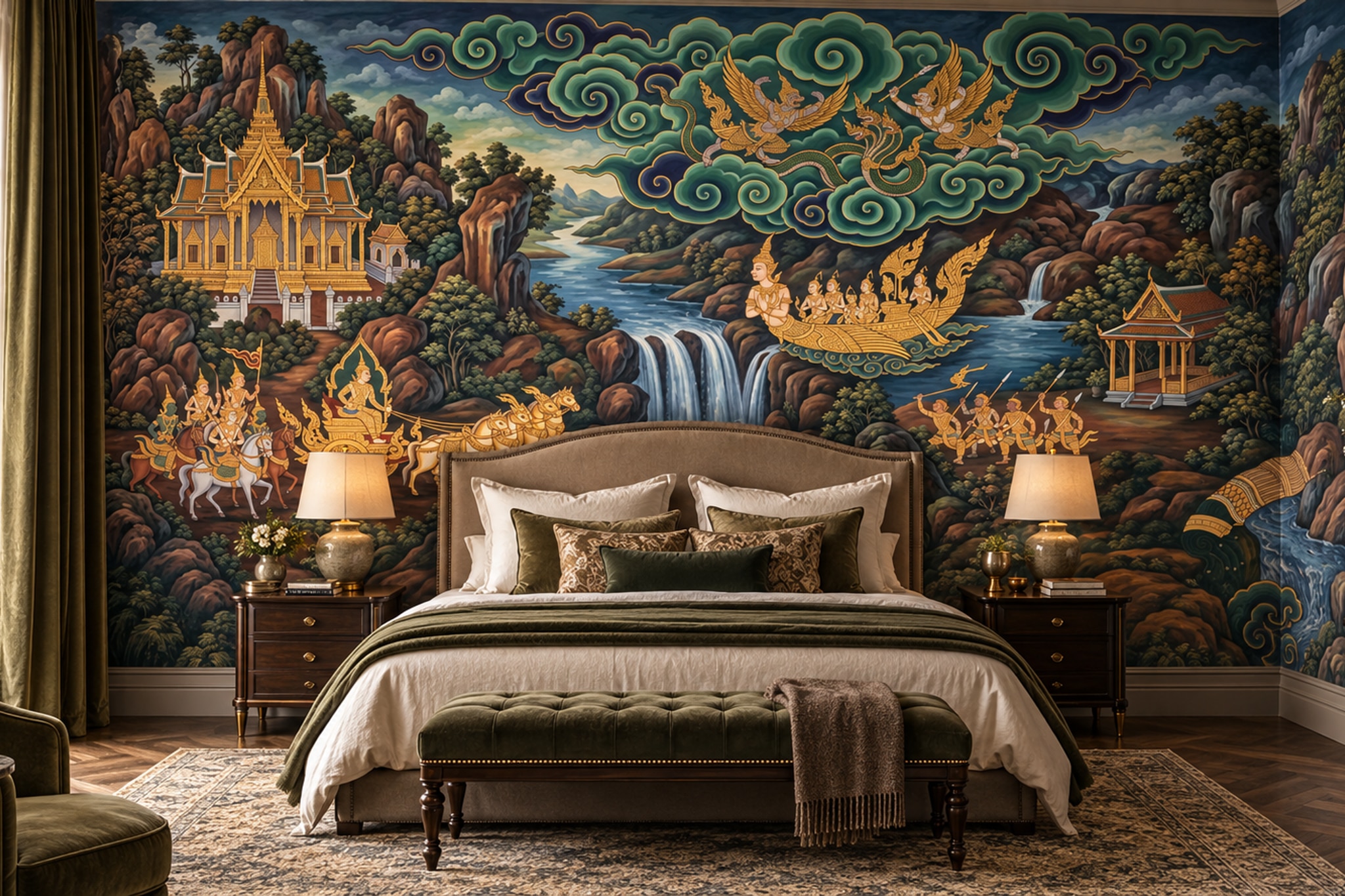 Thai Temple River And Mythic Procession Wallpaper Mural — Wallpaper Mural Design, Peel-and-stick Finish