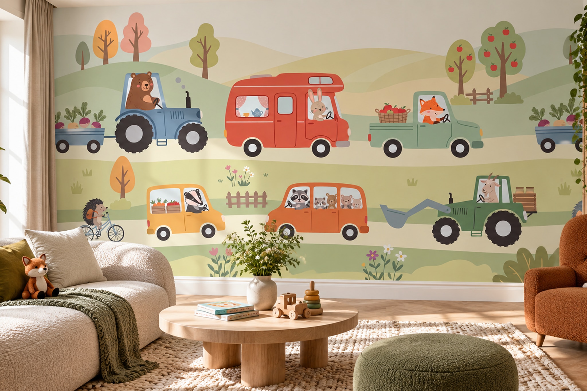 Pastel Animal Drivers And Countryside Vehicles Wallpaper Mural — Installed Wallpaper Mural In A Bedroom, Peel-and-stick Finish
