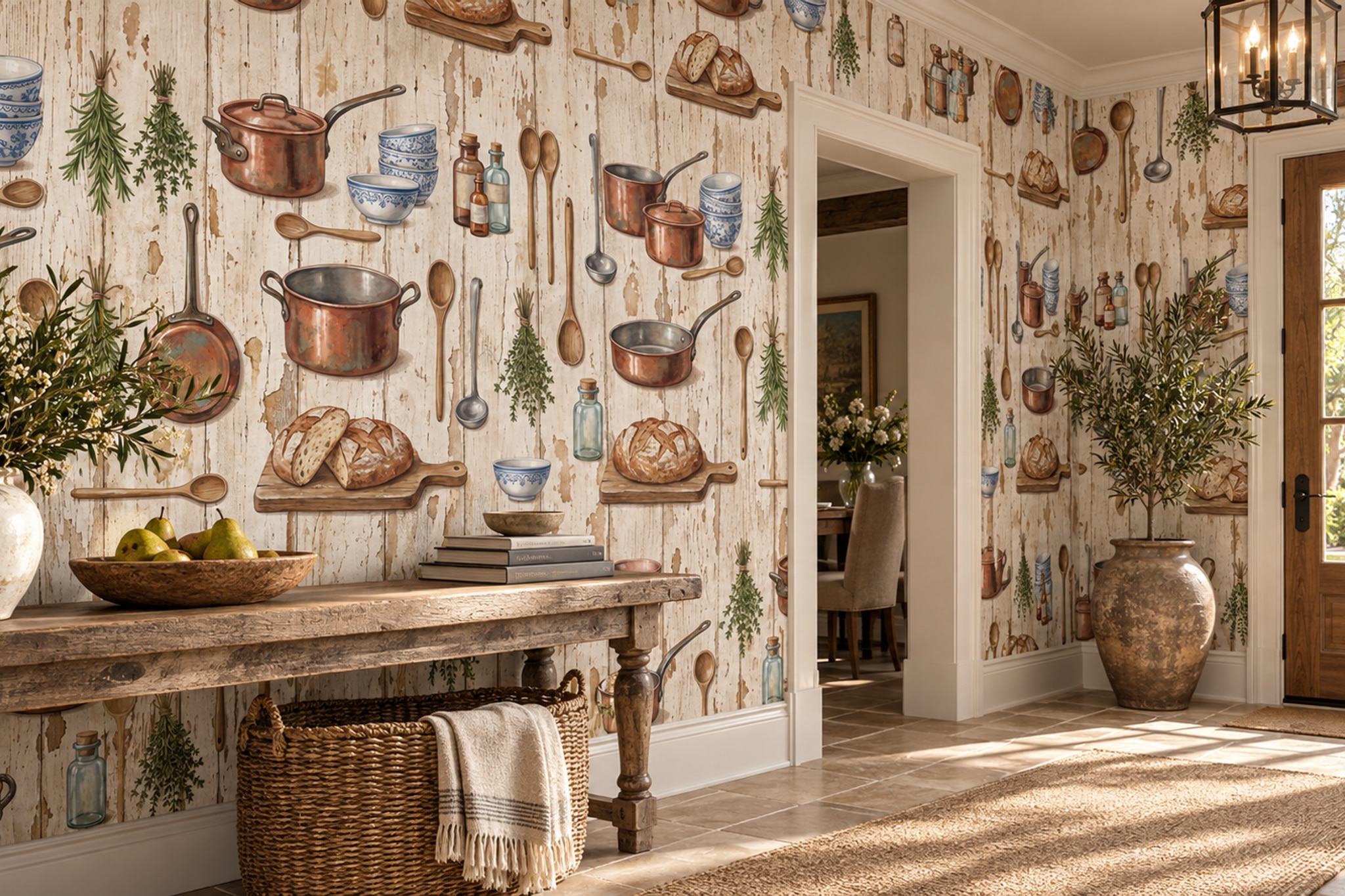 Vintage Copper Pots And Kitchen Utensils Wallpaper Mural — Installed Wallpaper Mural In A Kitchen, Peel-and-stick Finish