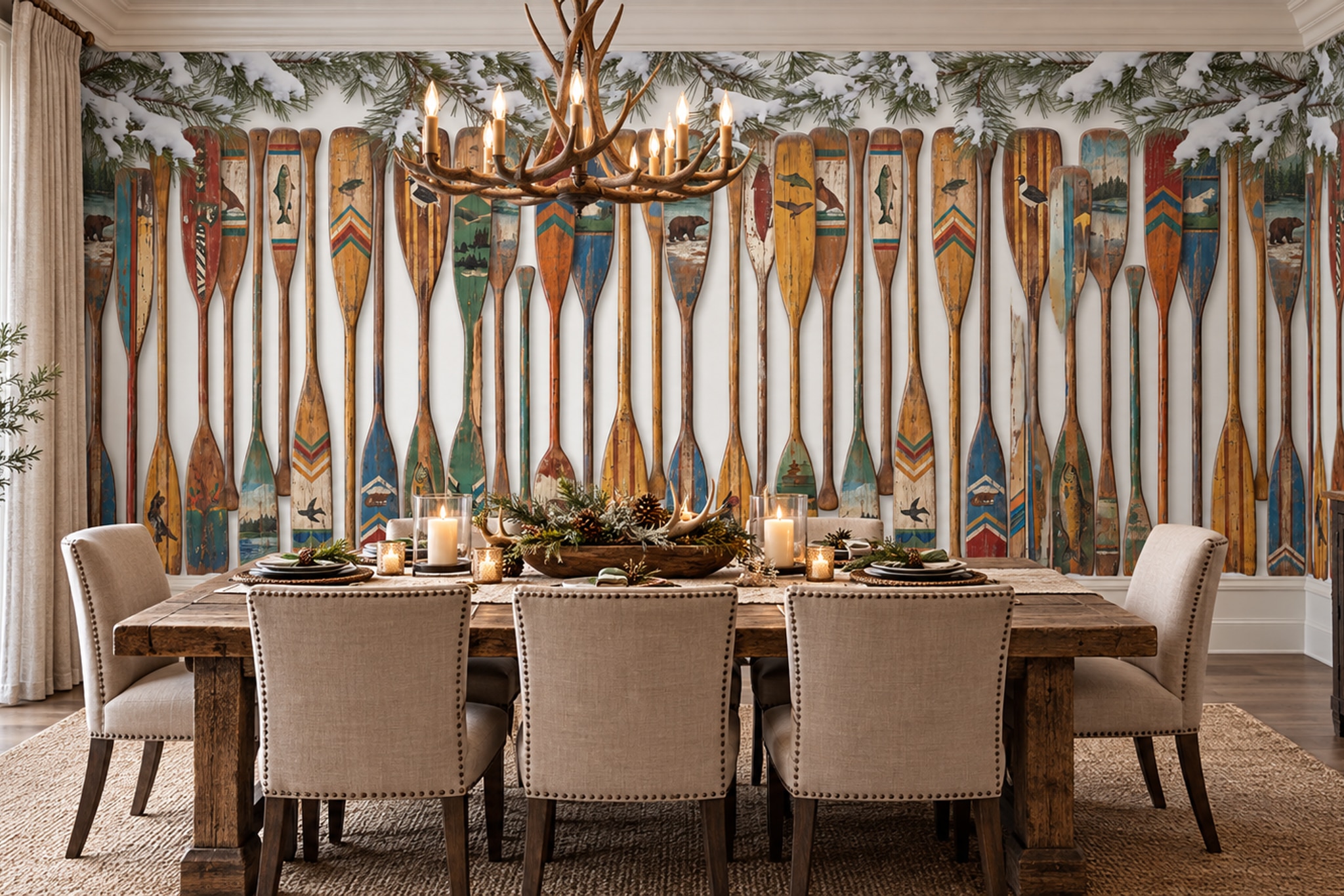 Weathered Painted Oars And Snowy Pines Wallpaper Mural — Wallpaper Mural Design, Peel-and-stick Finish
