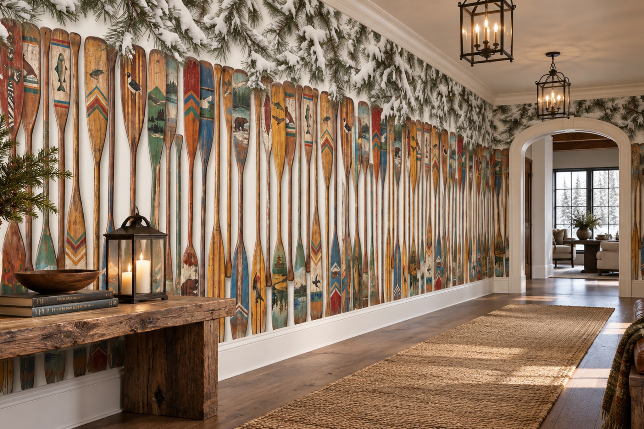 Brown Pattern Decorative Wallpaper Mural Layered Forms Wallpaper Mural Dining-room-wallpaper-murals, Shown In A Dining Room, Peel-and-stick Finish