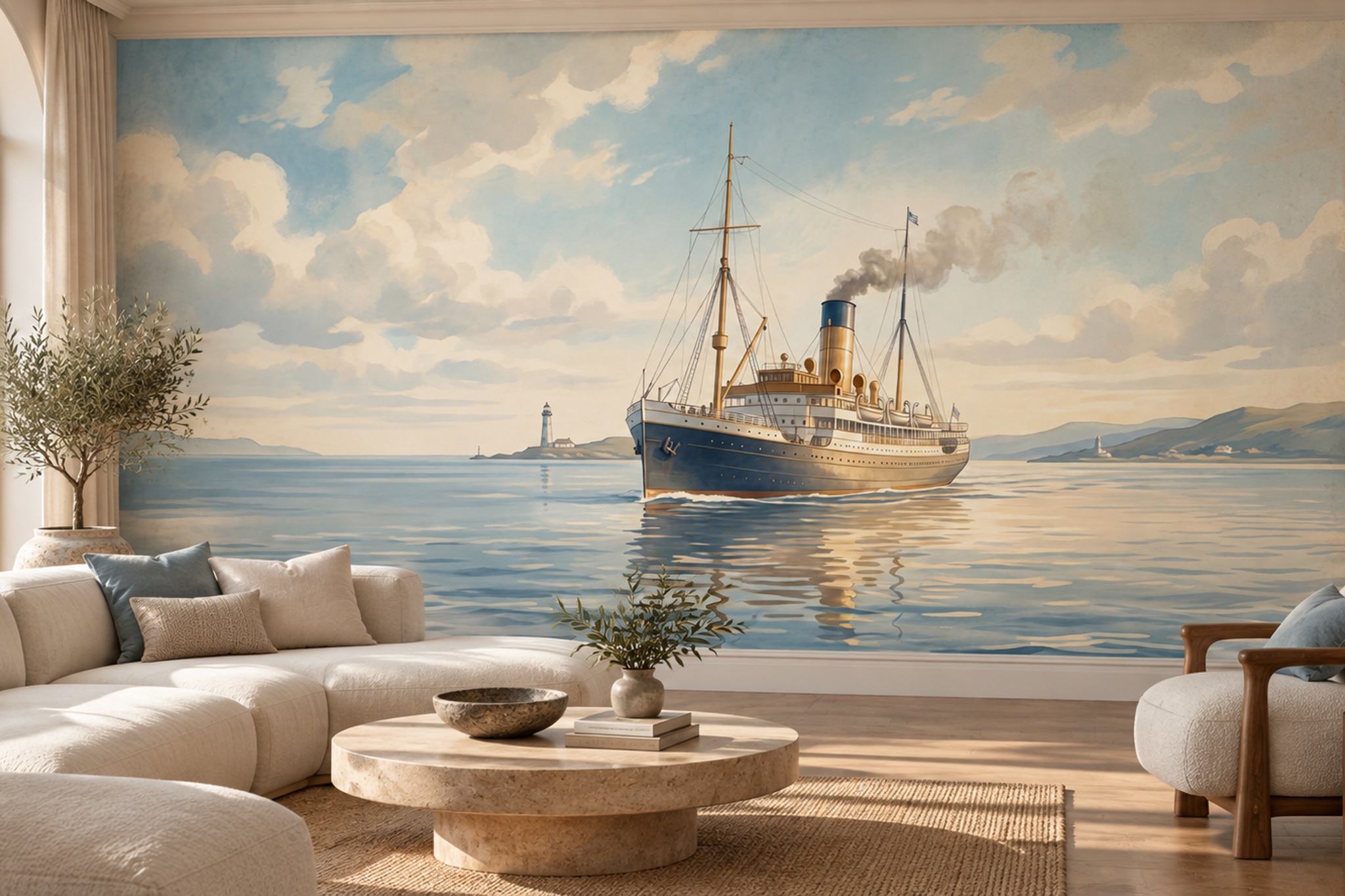 Blue Pattern Decorative Wallpaper Painterly Surface Wallpaper Mural Living-room-wallpaper-murals, Shown In A Living Room, Peel-and-stick Finish
