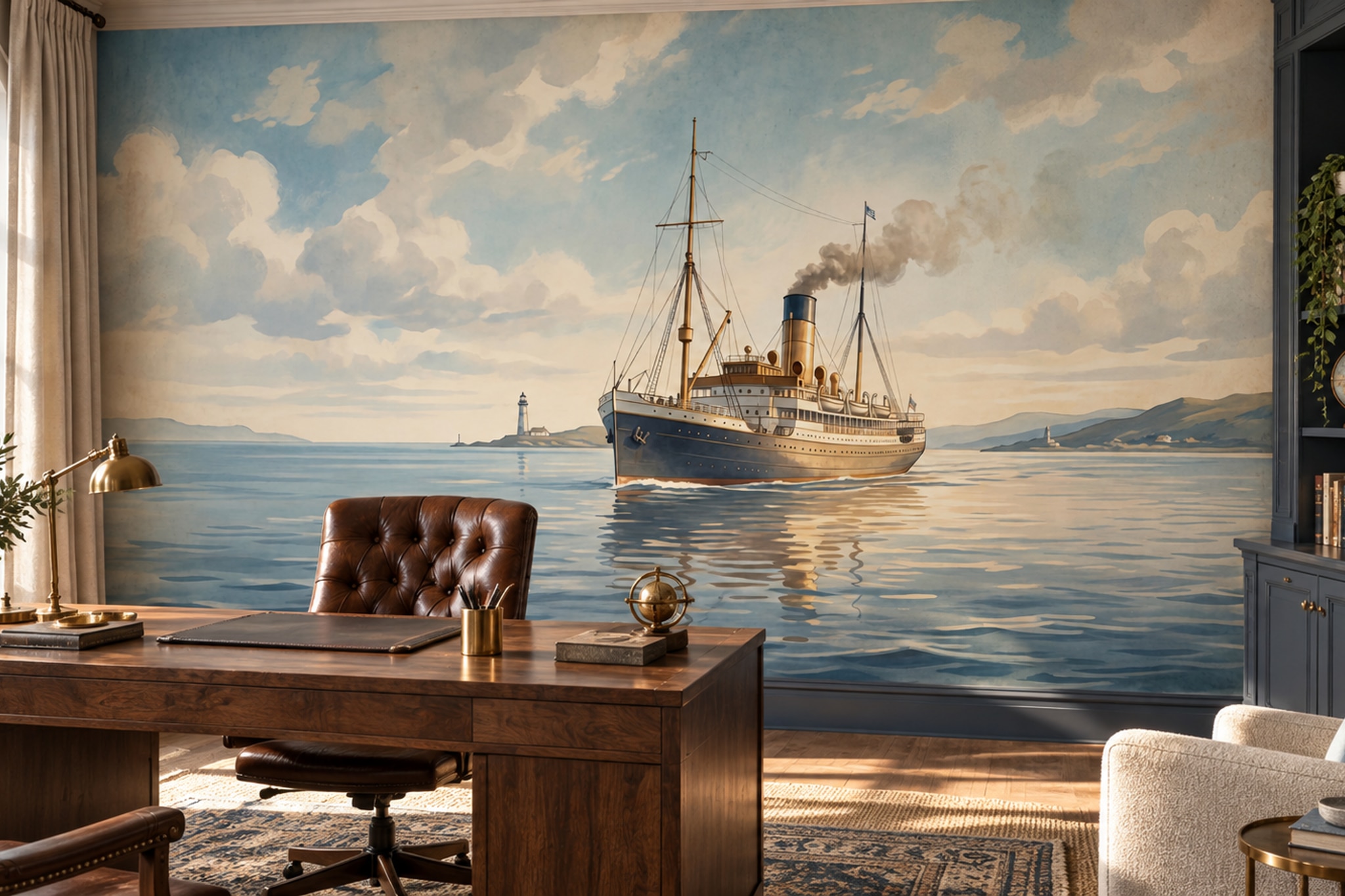 Vintage Steamship On A Calm Sea Wallpaper Mural — Installed Wallpaper Mural In A Bedroom, Peel-and-stick Finish