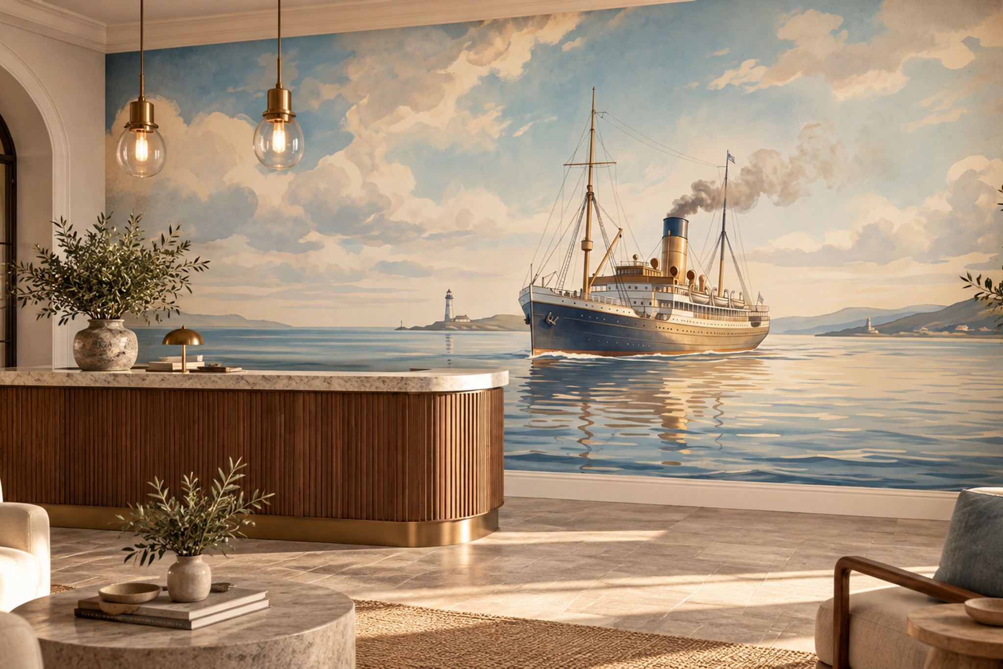 Blue Pattern Decorative Wallpaper Painterly Surface Wallpaper Mural Dining-room-wallpaper-murals, Shown In A Dining Room, Peel-and-stick Finish