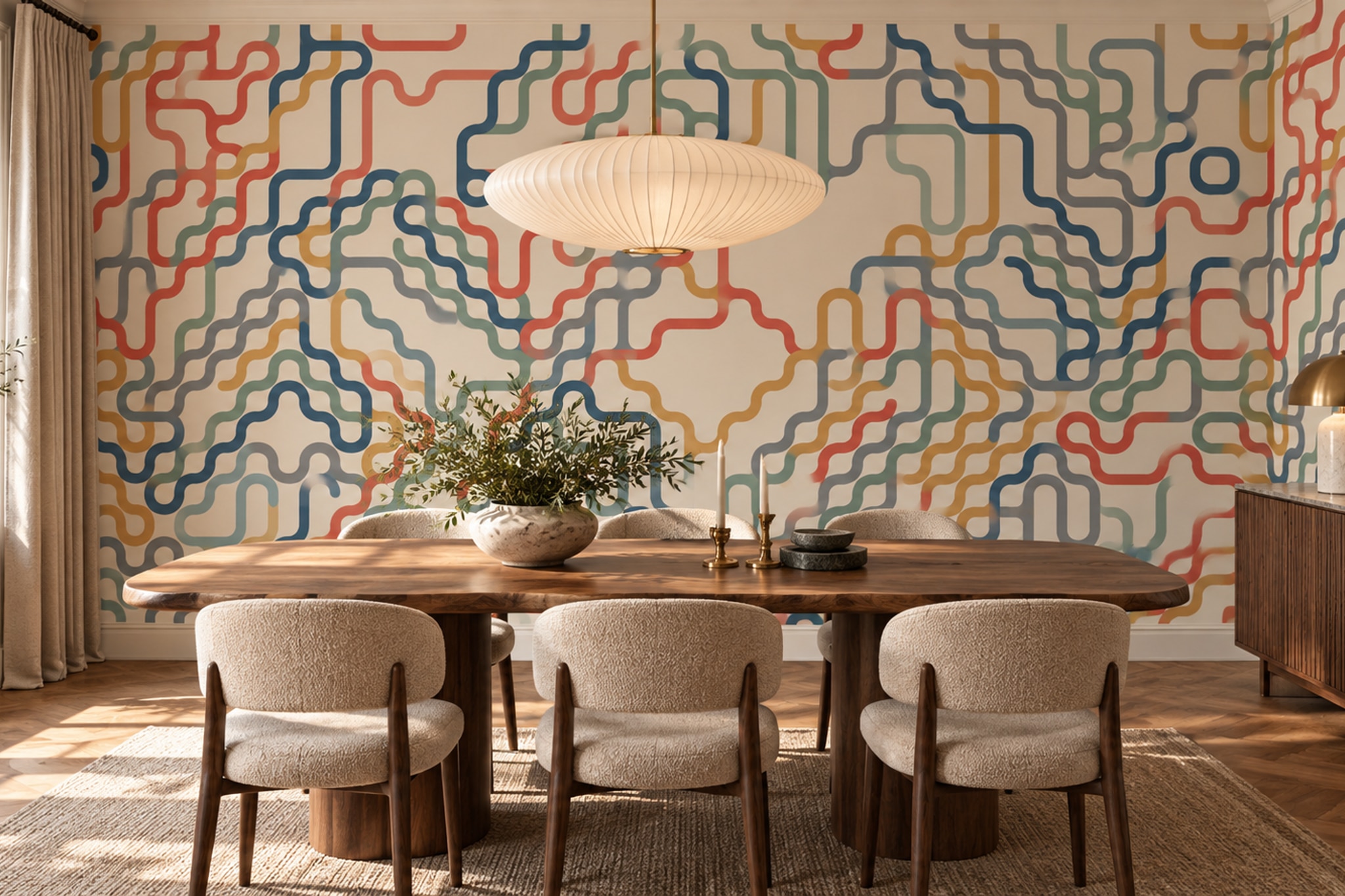 Coral Linear Abstract Wallpaper Mural Dining-room-wallpaper-murals, Shown In A Dining Room, Peel-and-stick Finish