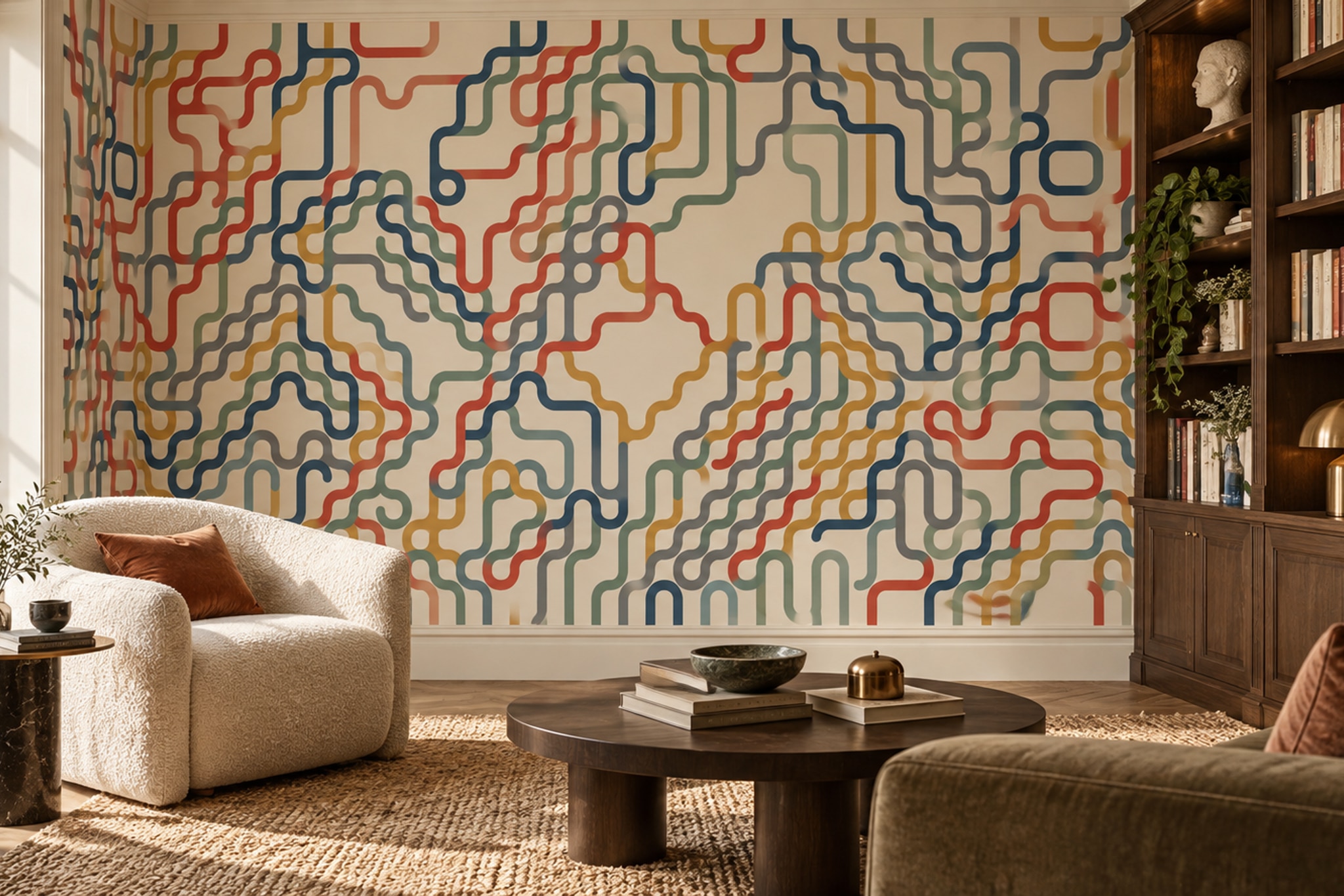 Coral Linear Abstract Wallpaper Mural Living-room-wallpaper-murals, Shown In A Living Room, Peel-and-stick Finish