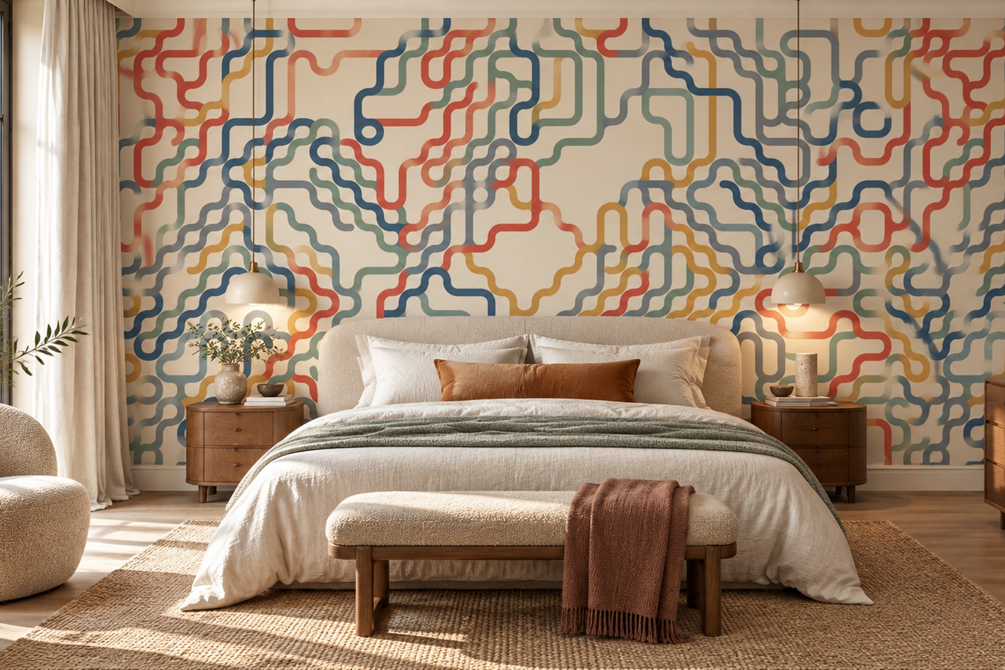 Multicolour Meandering Line Wallpaper Mural — Installed Wallpaper Mural In A Bedroom, Peel-and-stick Finish